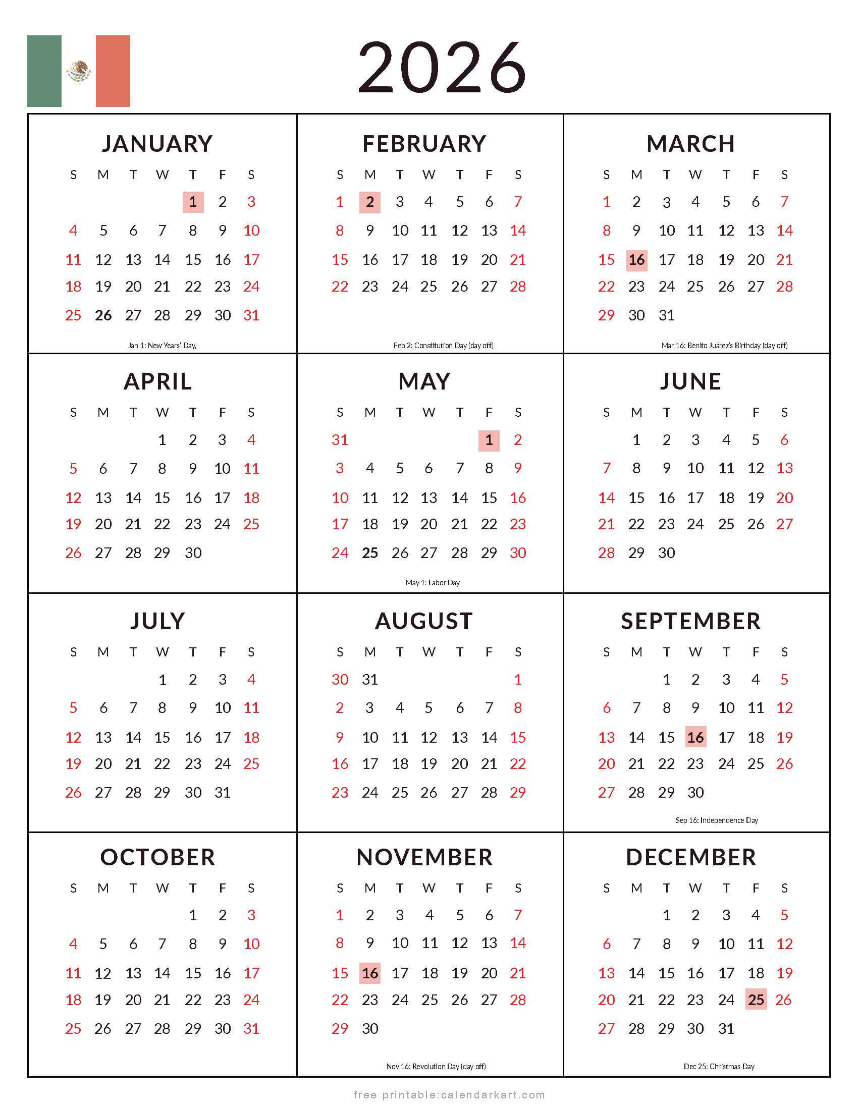 2026 Yearly Calendar with Mexico Holidays