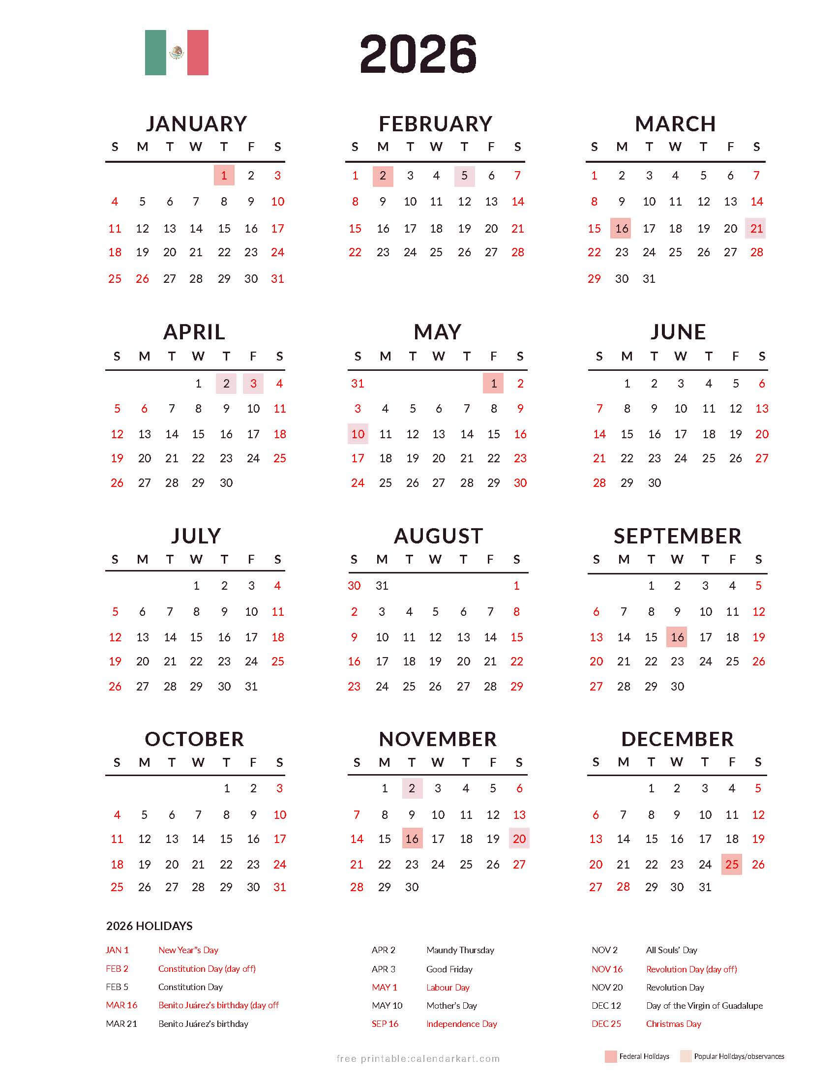 2026 Yearly Calendar with Mexico with Popular Holidays