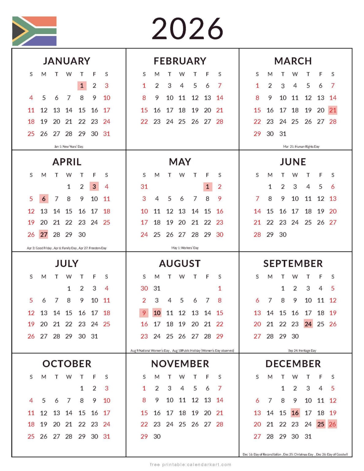 Free 2026 South Africa Holiday Calendars | Printable Calendar