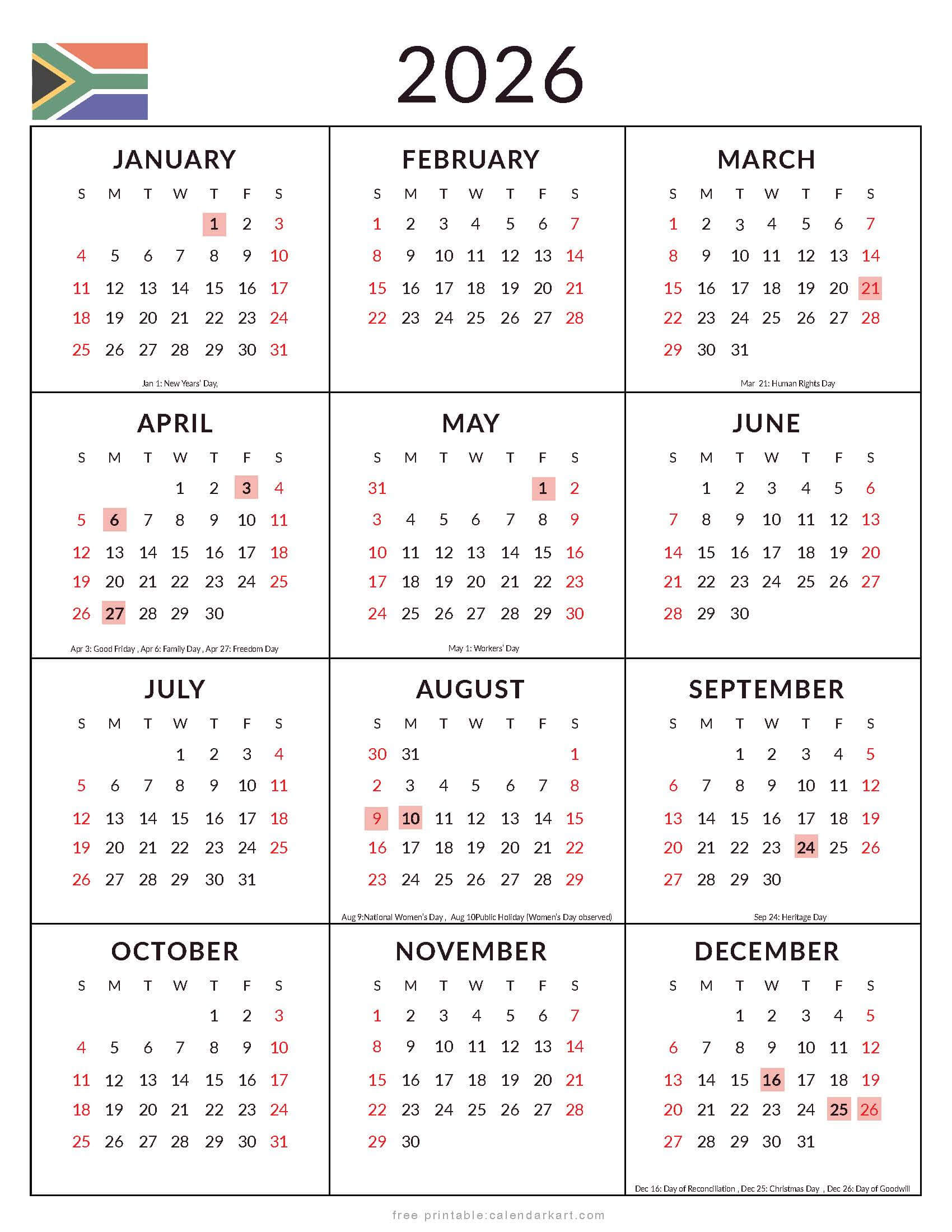 Free 2026 South Africa Holiday Calendars Printable Calendar