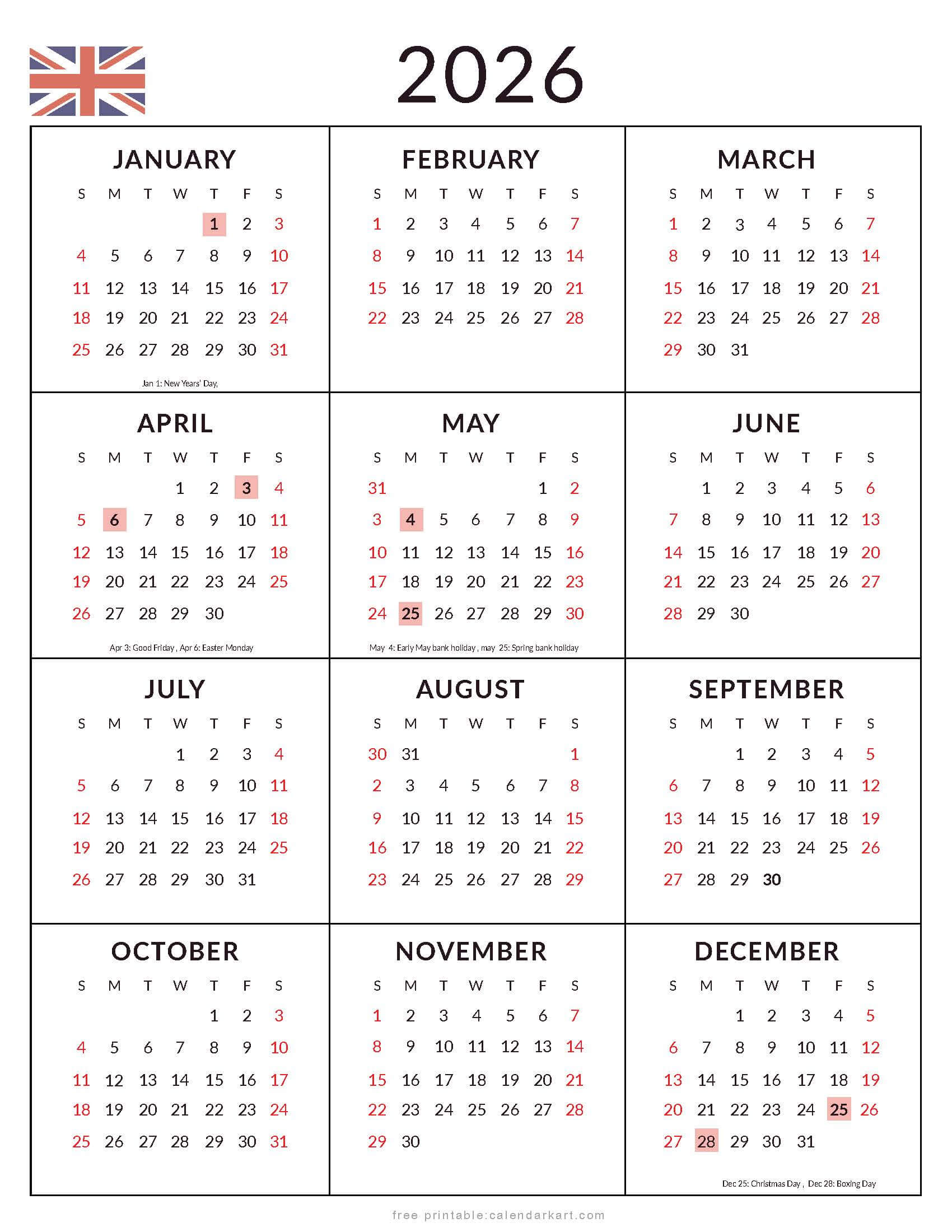 2026 Yearly Calendar with UK Holidays