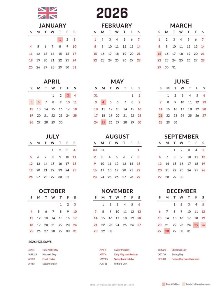 United Kingdom Calendars with Holidays 2026 | Free Printable