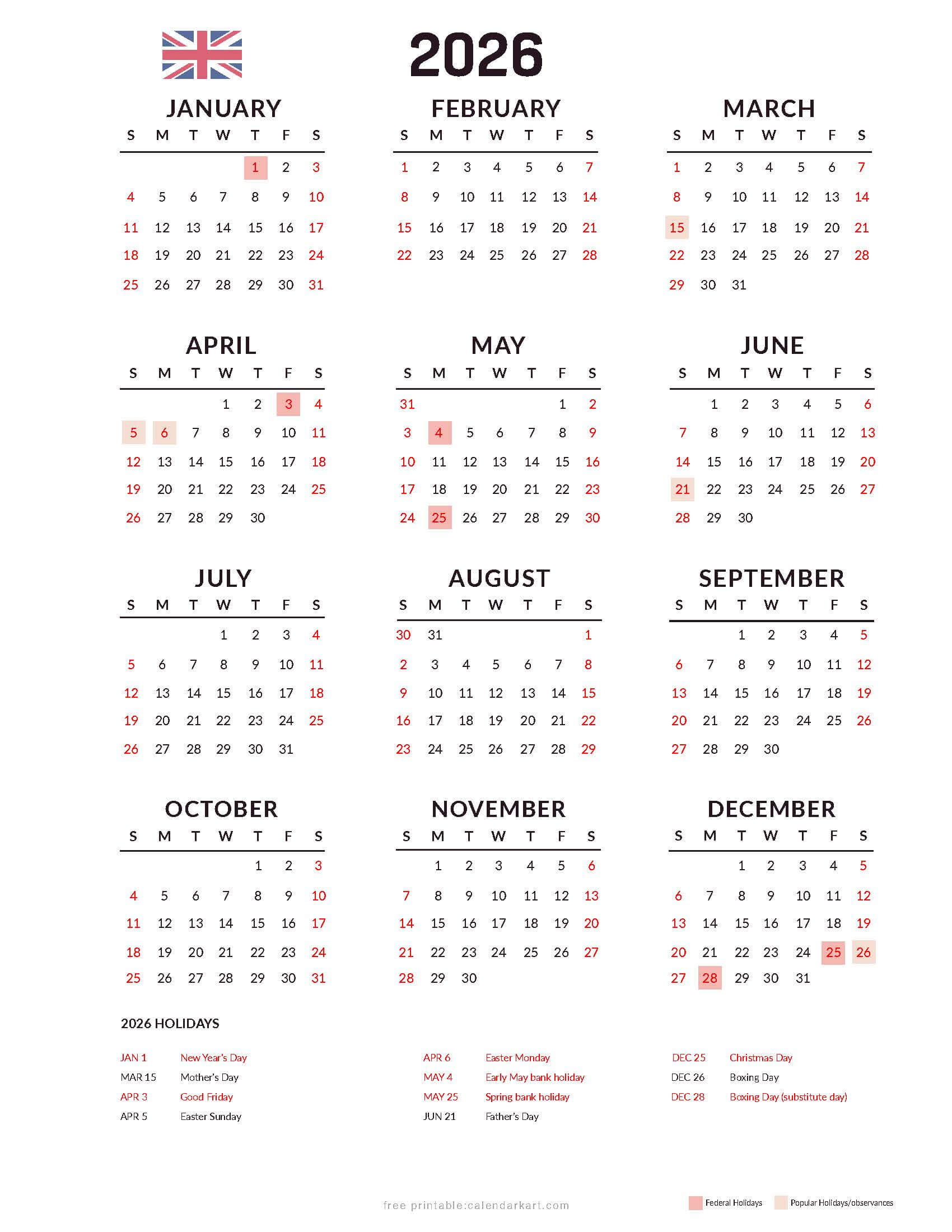 2026 Yearly Calendar with UK with Popular Holidays