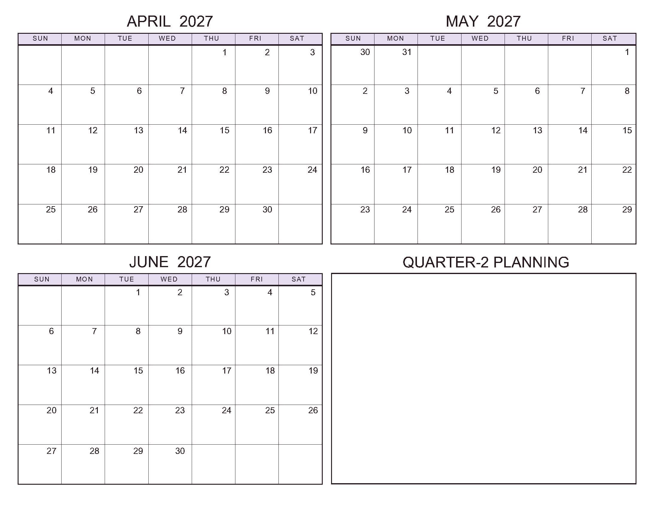 April-June 2027 Calendars Standard Soft Pastel
