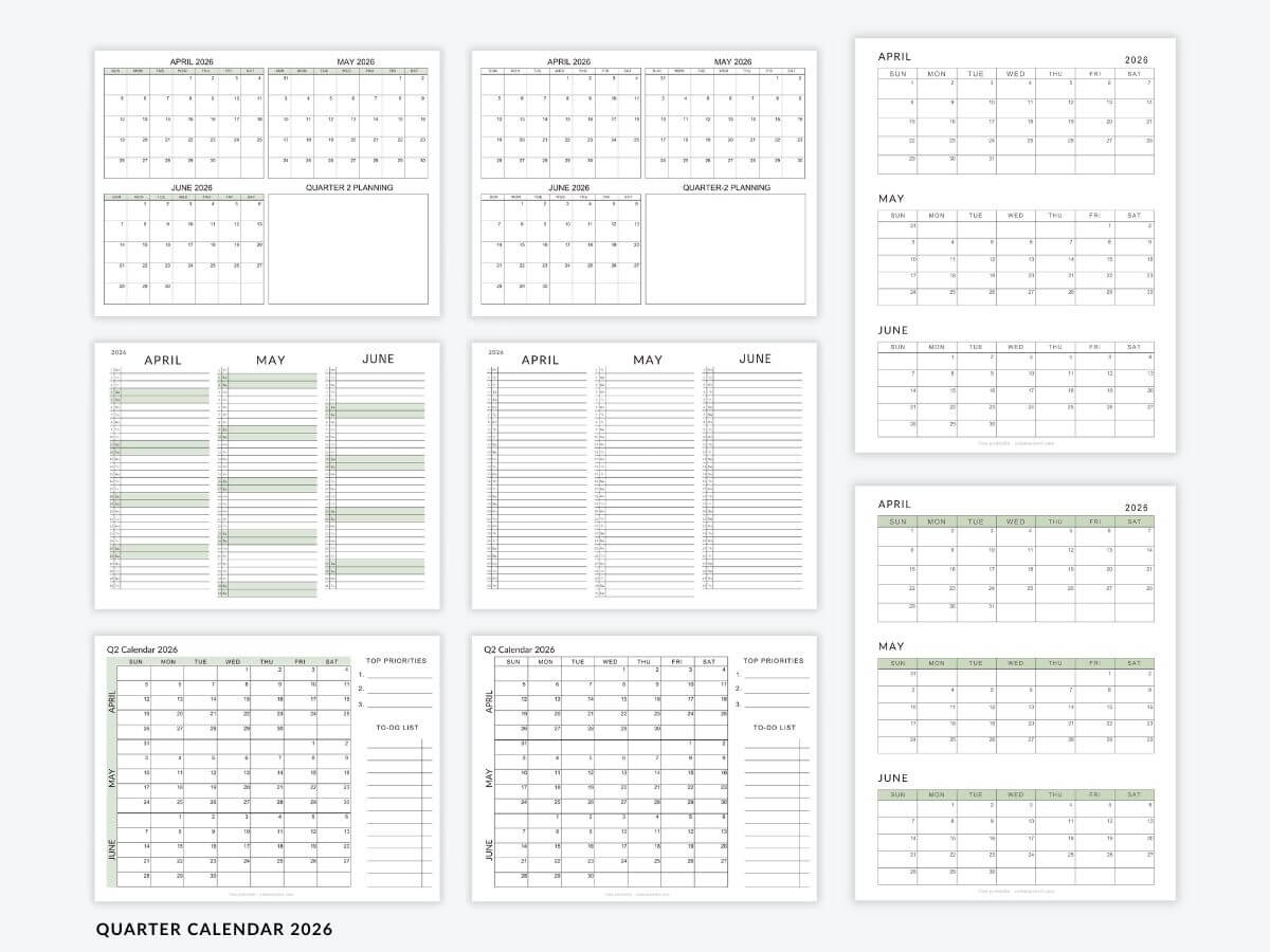 April-June 2026 Calendar – Q2 Planner Templates