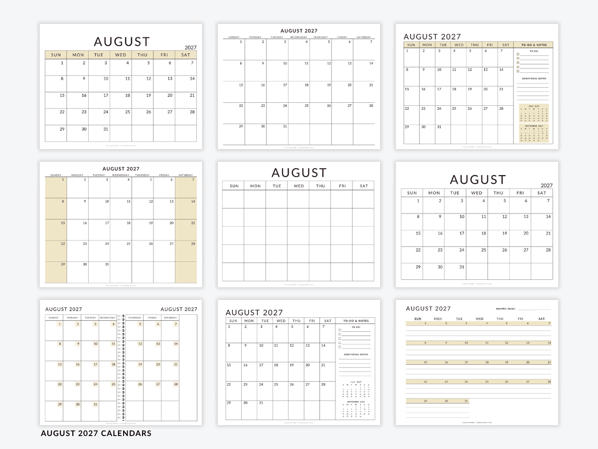 August 2027 Calendar Templates - Free Printable PDFs