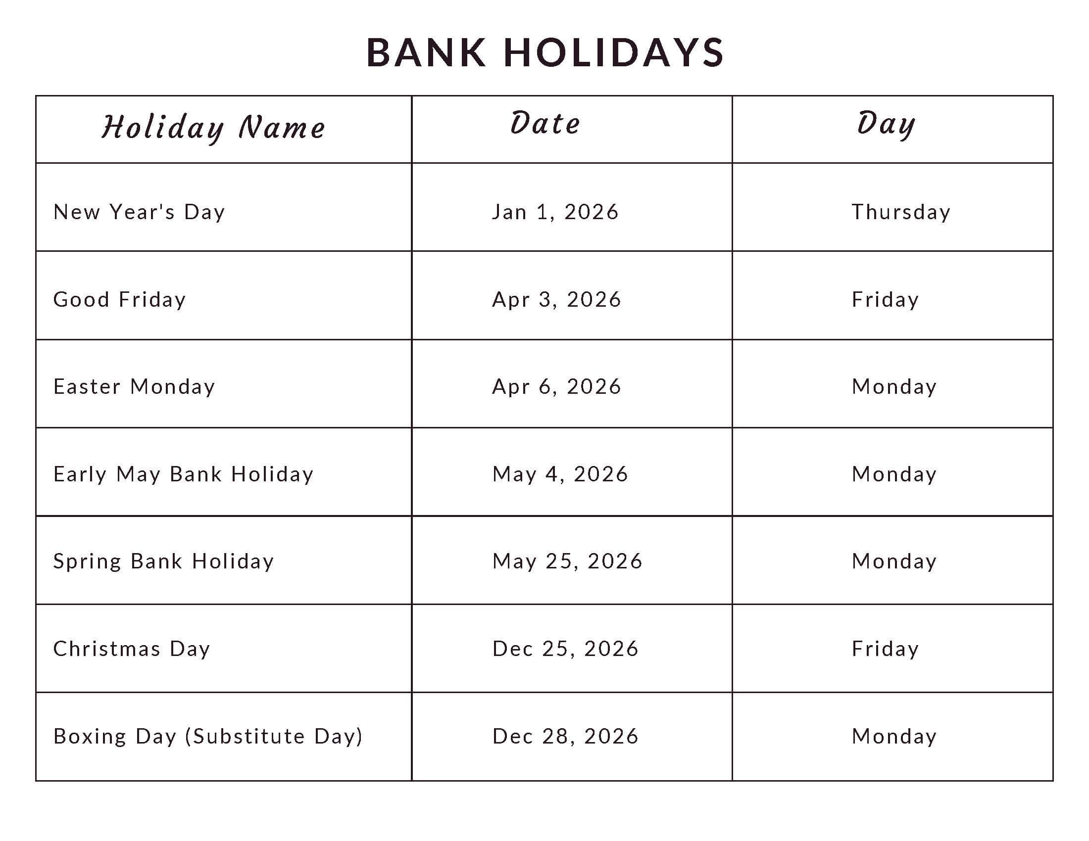 Bank Holidays UK 2026