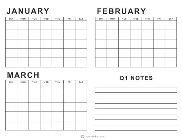 Blank Quarter 1 Calendar