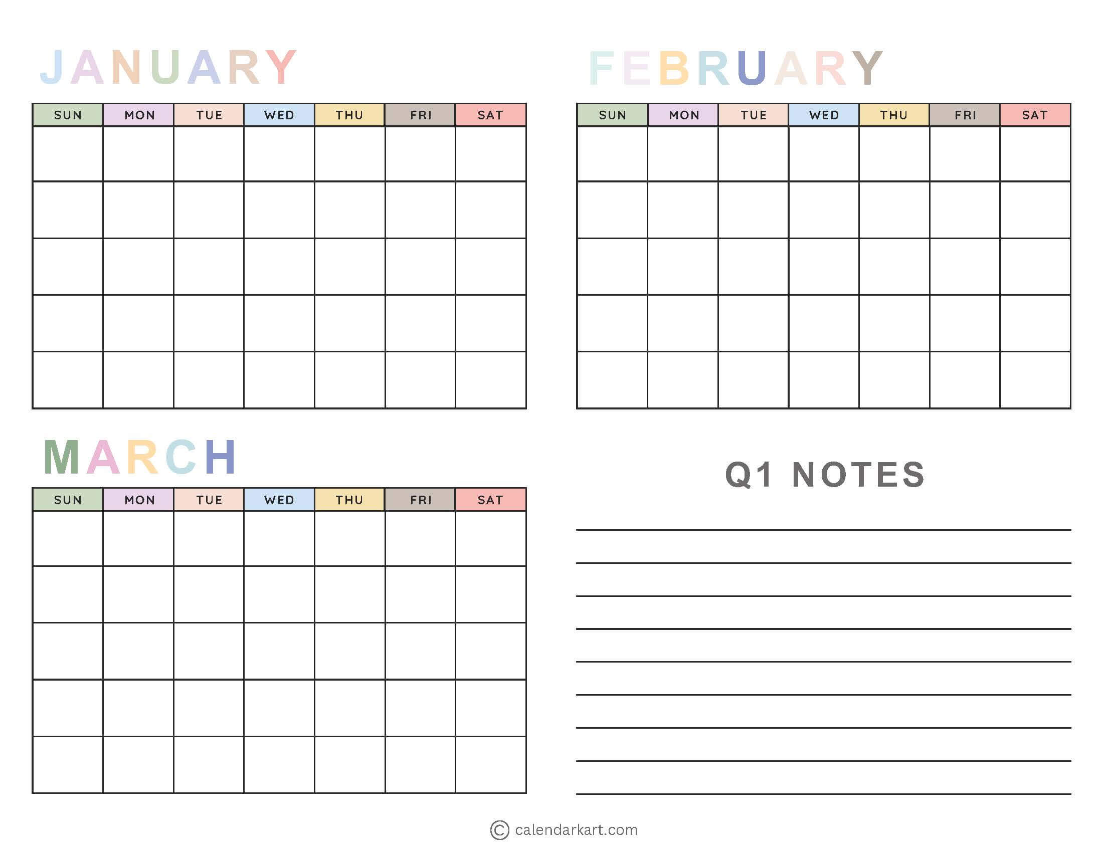 Blank Quarter 1 Calendar Soft Pastel