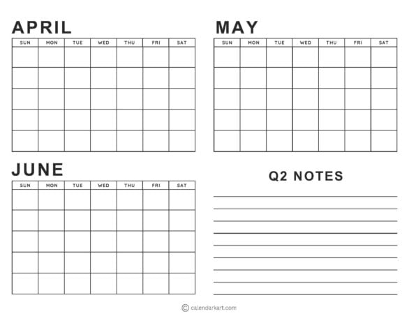 Blank Quarter 2 Calendar