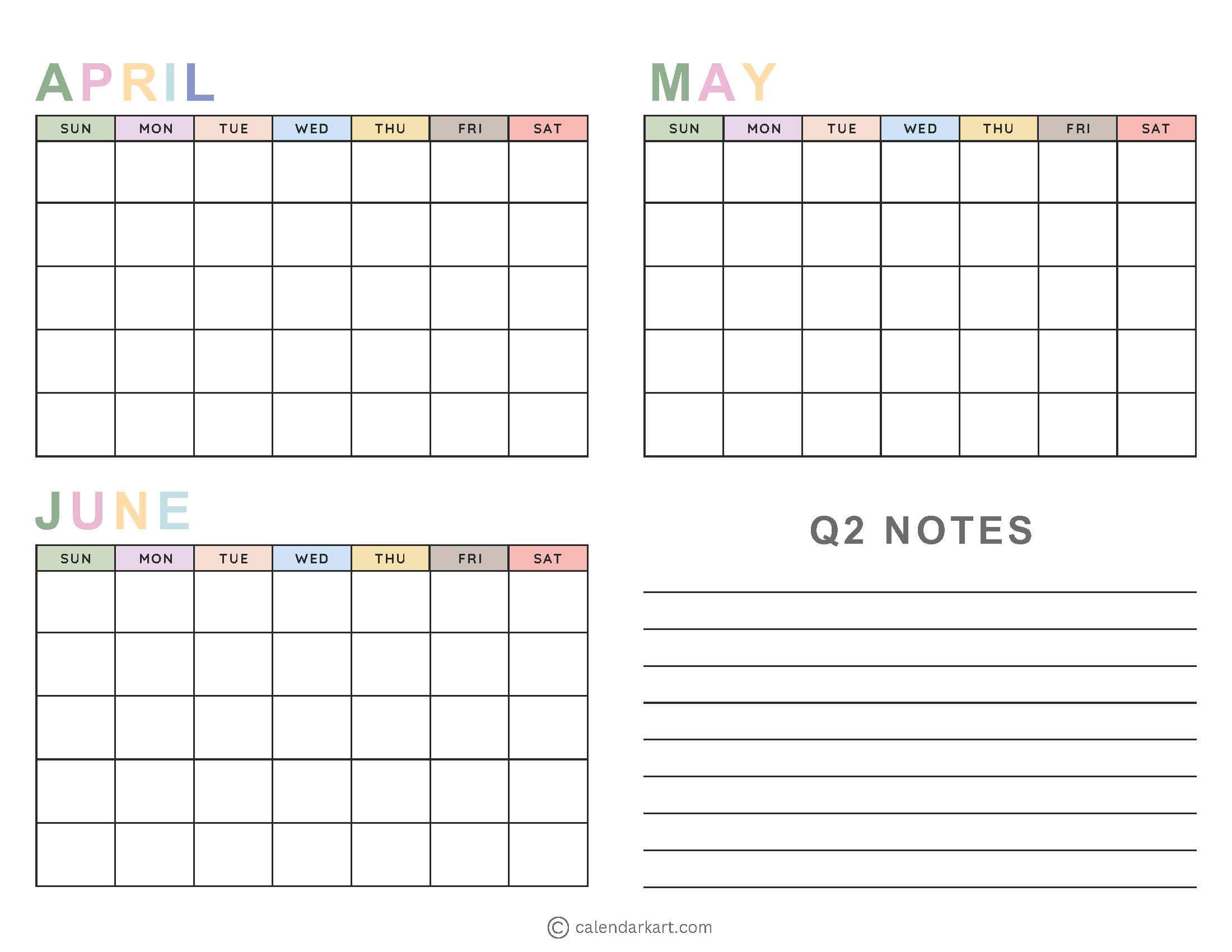 Blank Quarter 2 Calendar Soft Pastel