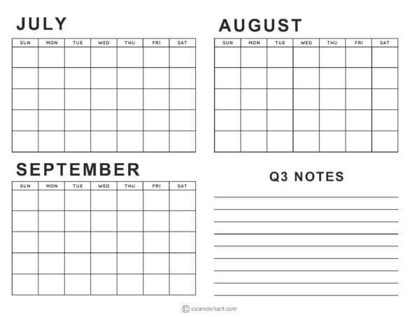 Blank Quarter 3 Calendar