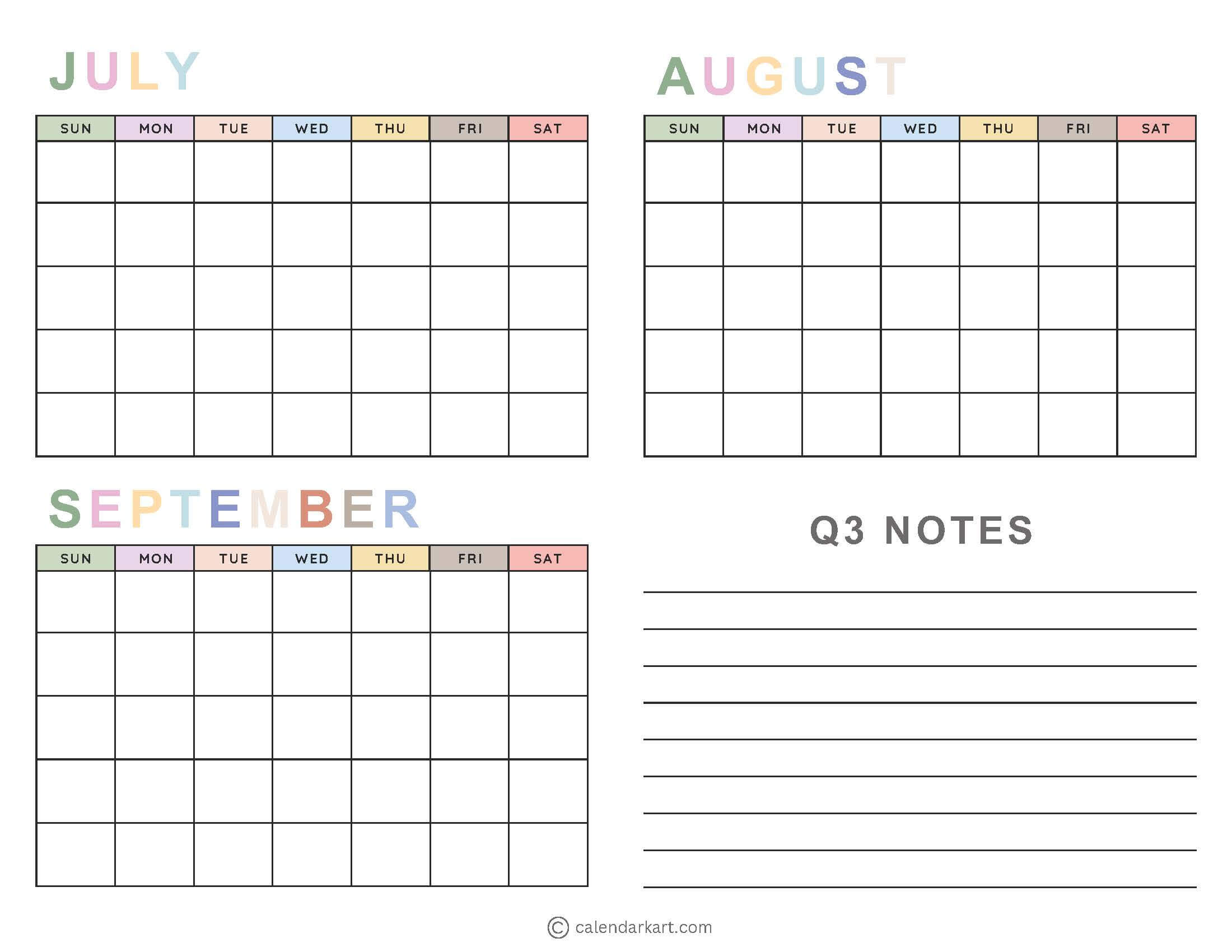 Blank Quarter 3 Calendar Soft Pastel
