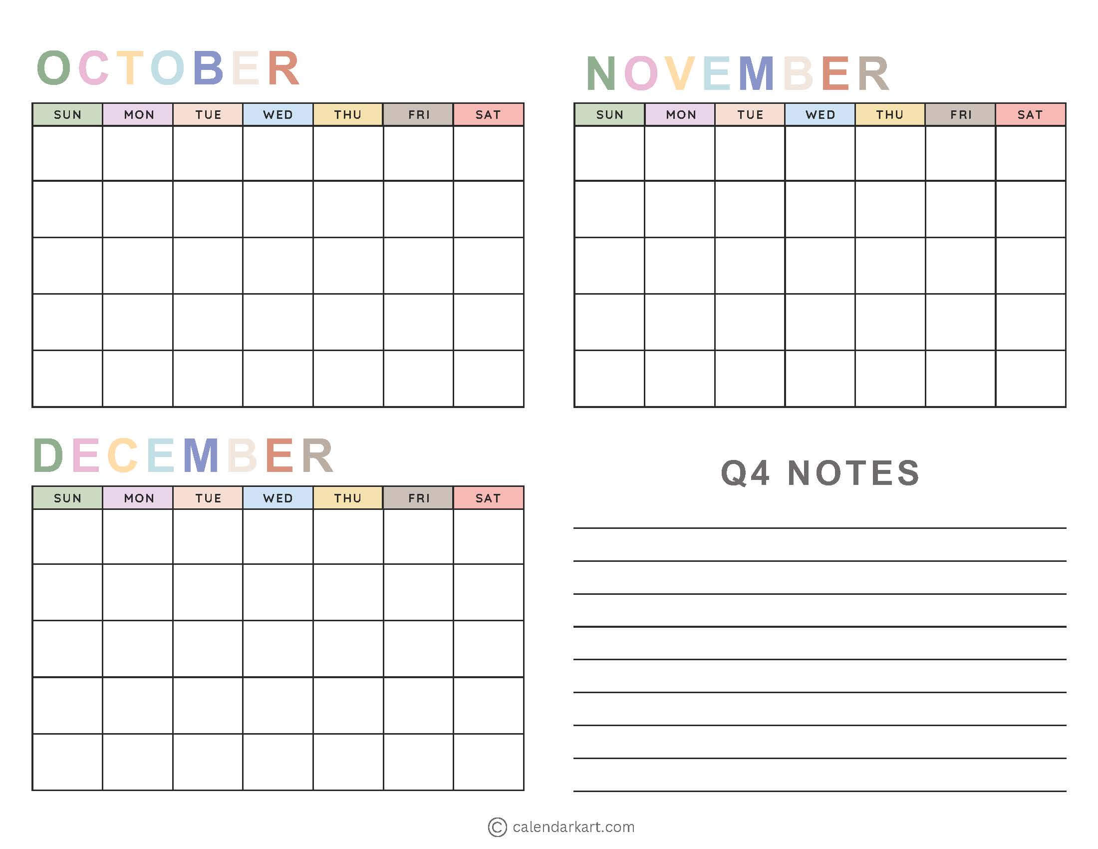 Blank Quarter 4 Calendar Soft Pastel