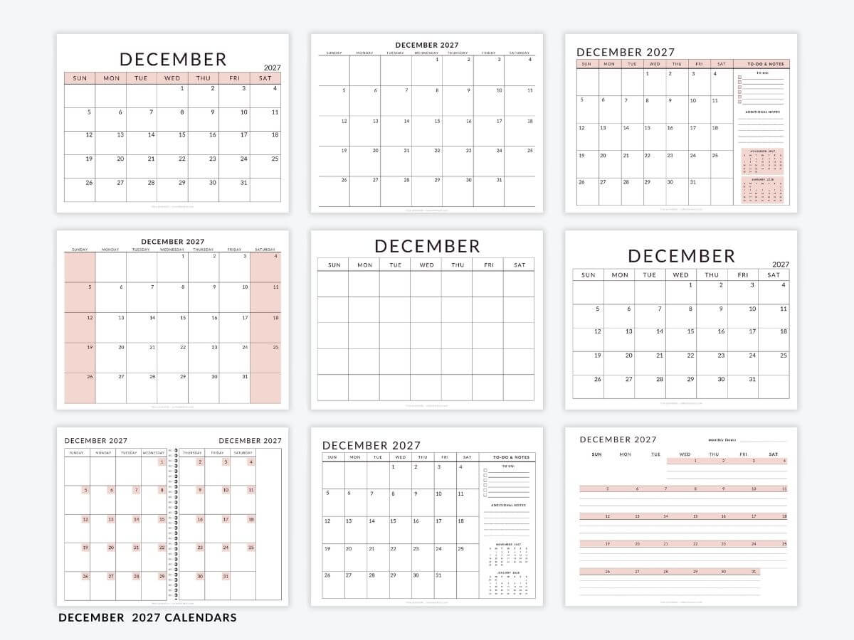 December 2027 Calendar Templates - Free Printable PDFs