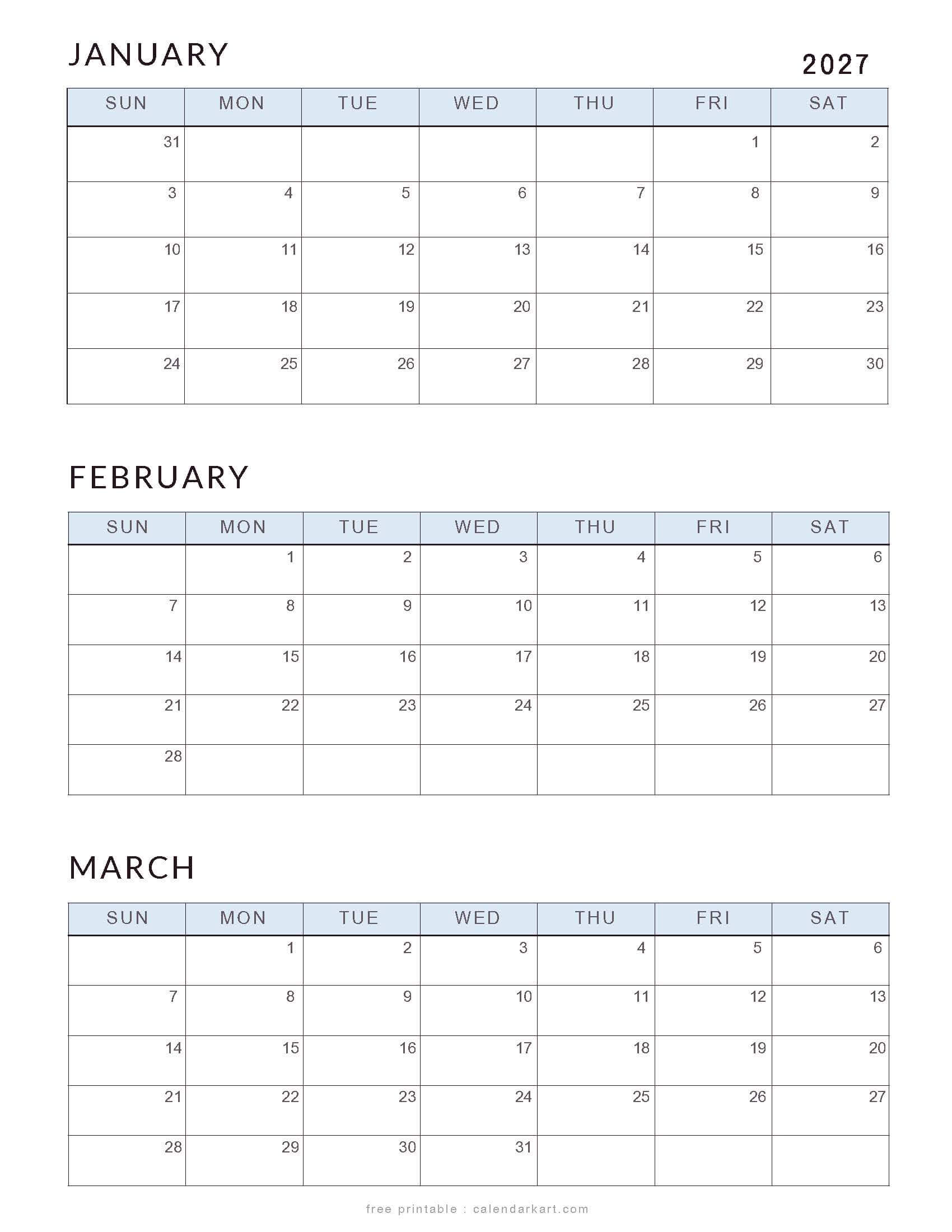 Free January-march 2027 Calendars Classic Soft Pastel