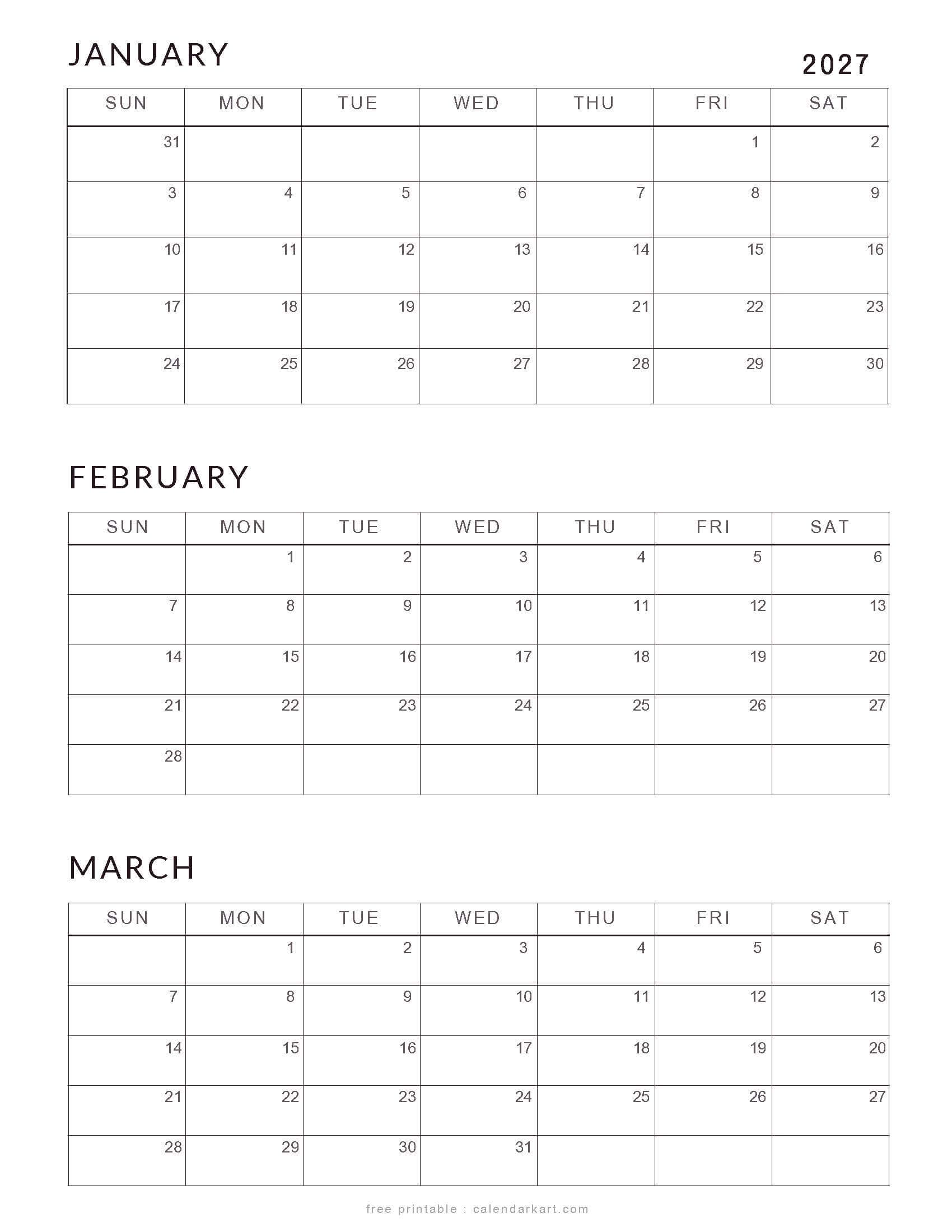 Free January-march 2027 Calendars Classic