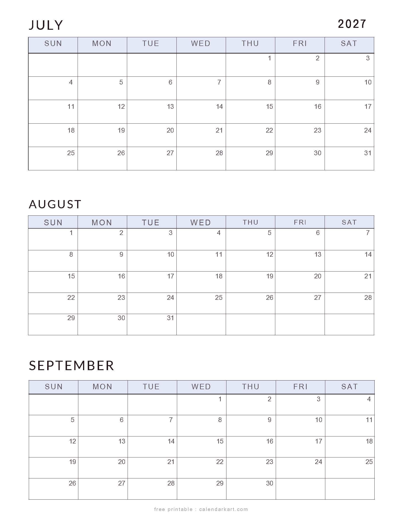 Free July-September 2027 Calendars Classic Soft Pastel