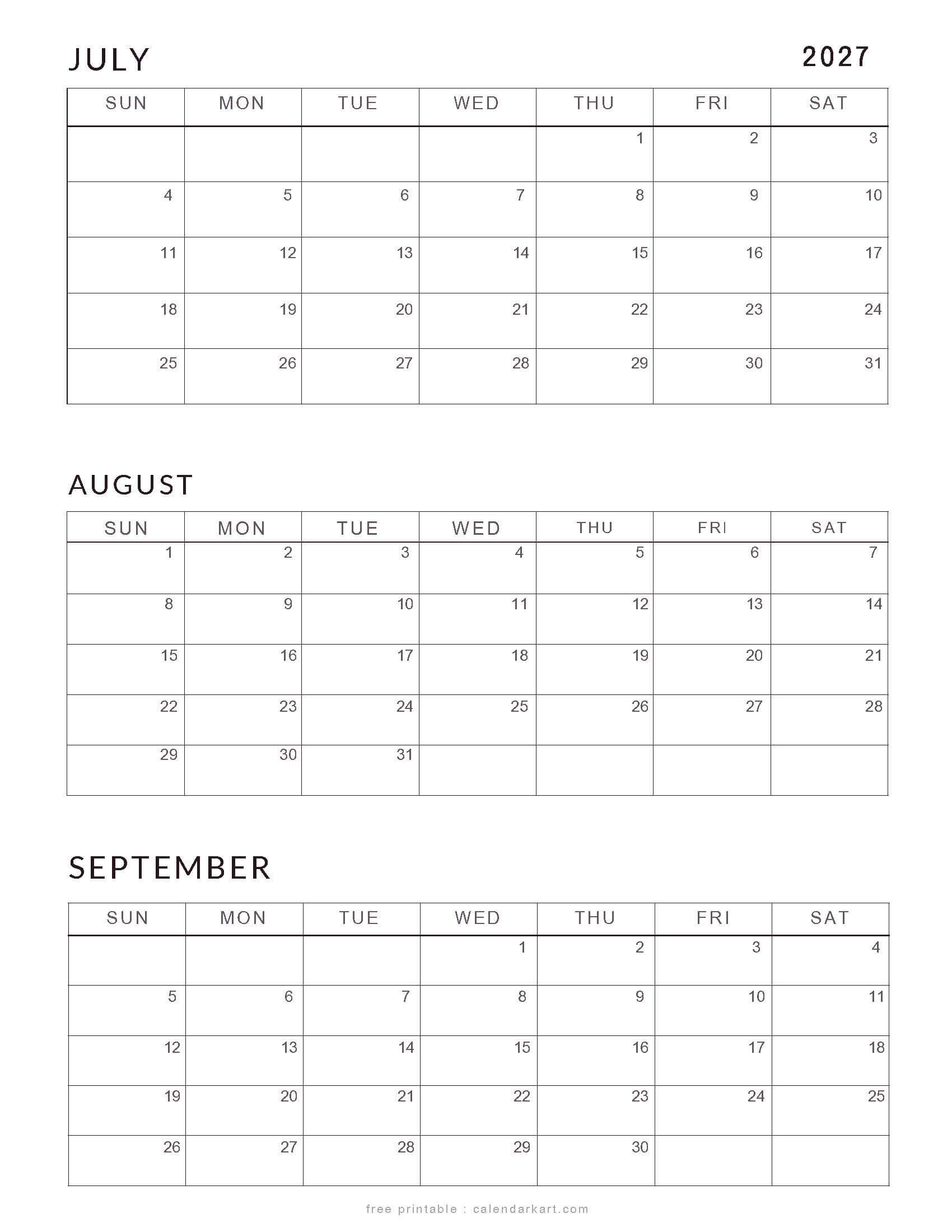 Free July-September 2027 Calendars Classic