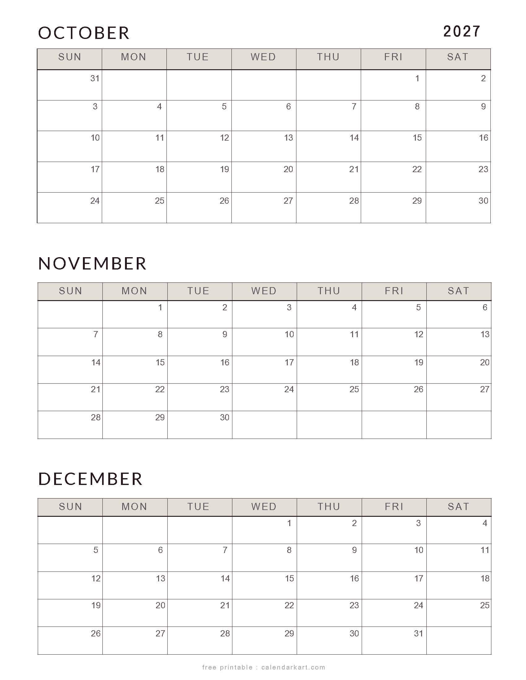 Free October-December 2027 Calendars Classic Soft Pastel