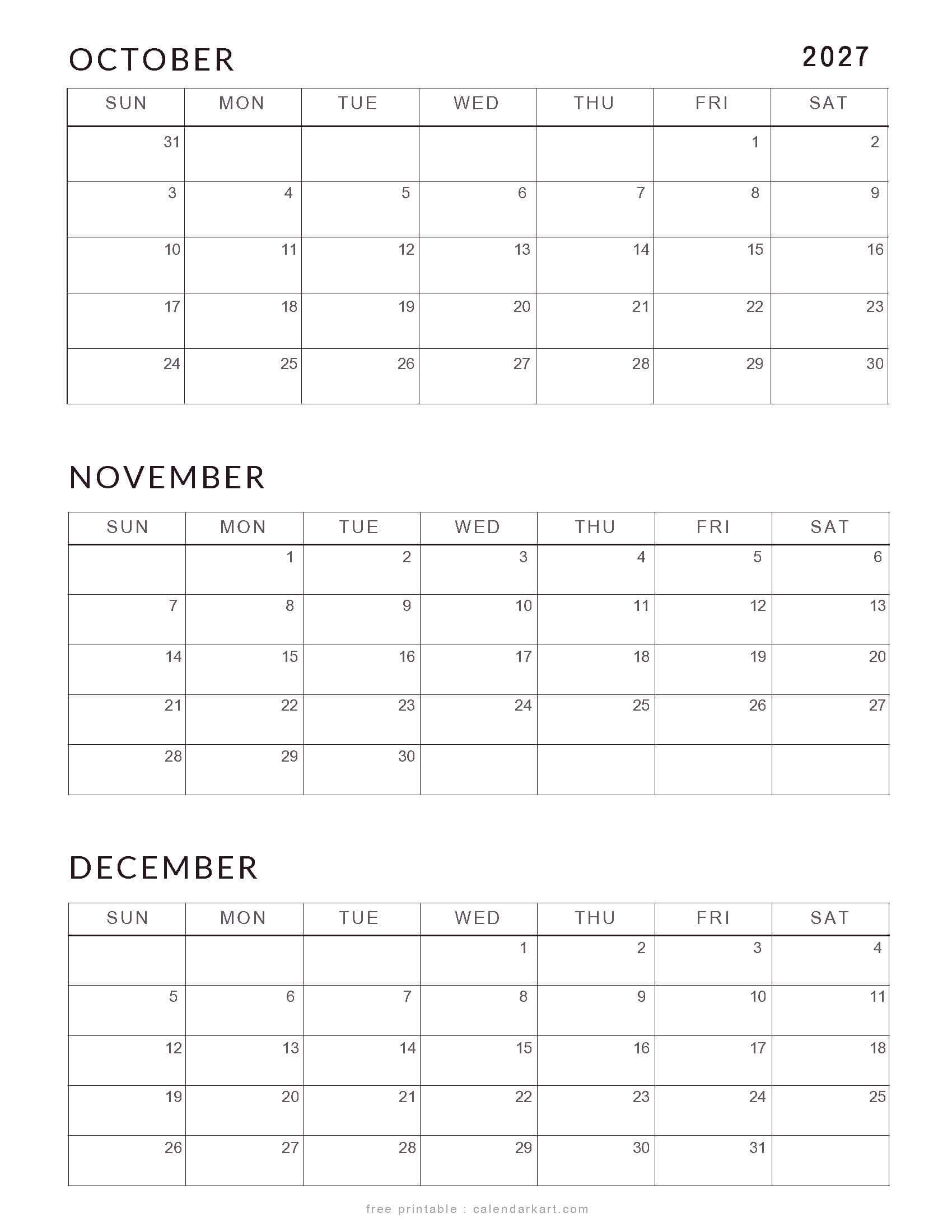 Free October-December 2027 Calendars Classic
