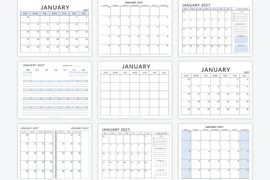 January 2027 Calendar Templates - Free Printable PDFs
