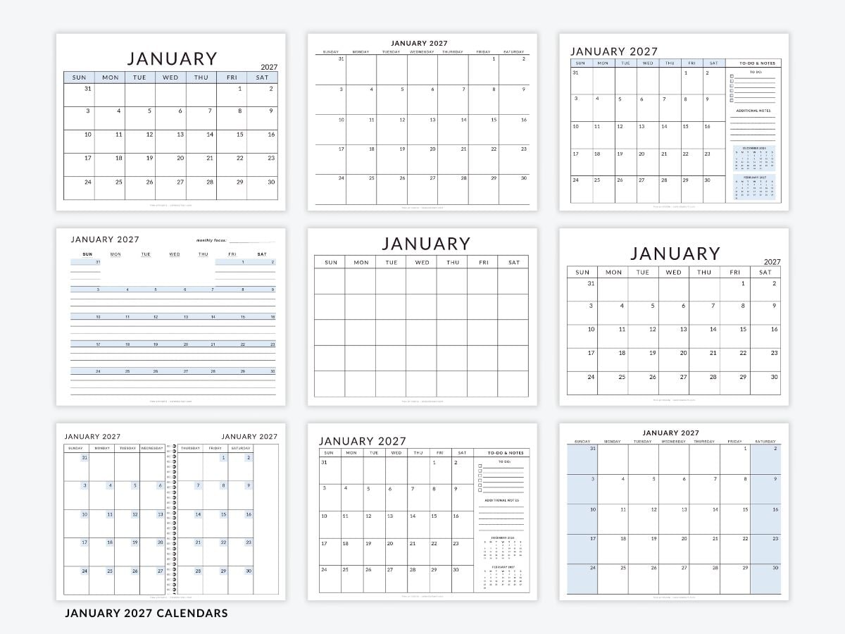 January 2027 Calendar Templates - Free Printable PDFs
