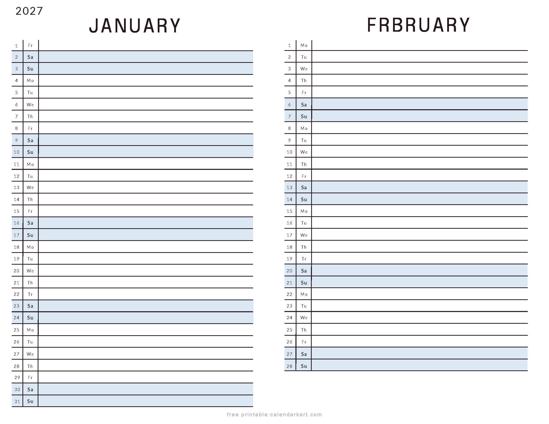 January February 2027 Calendar List View Soft Pastel