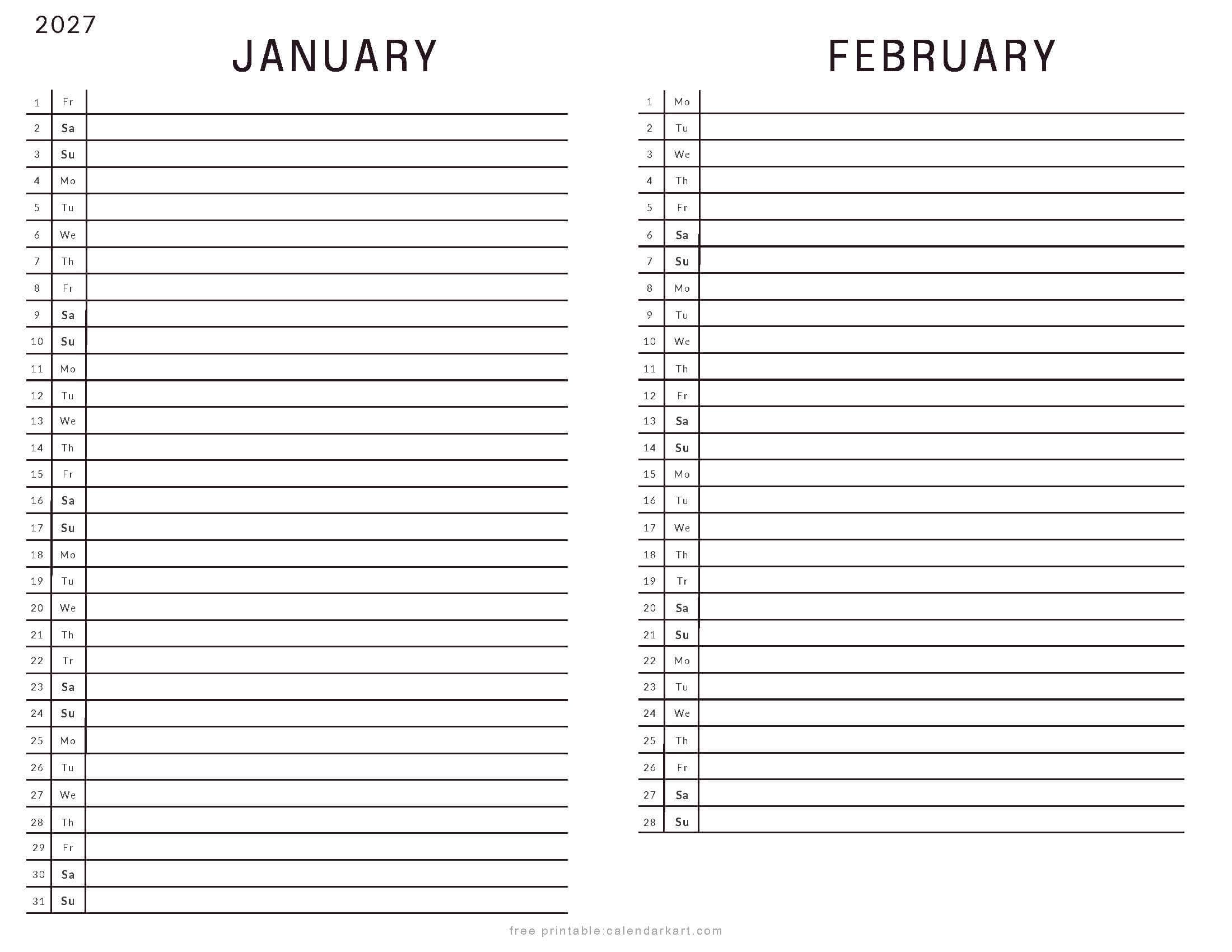 January February 2027 Calendar List View