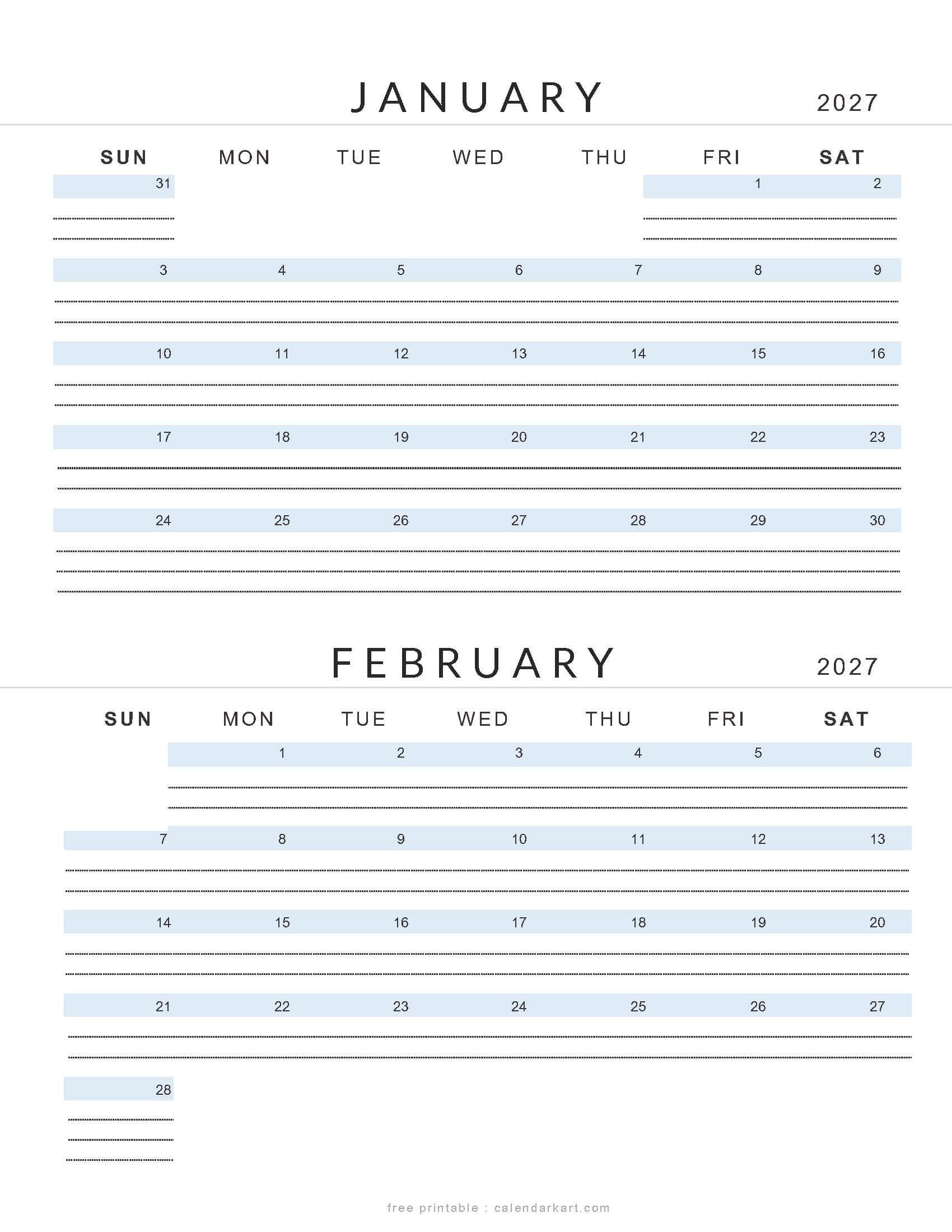 January February 2027 Lined Calendar Soft Pastel