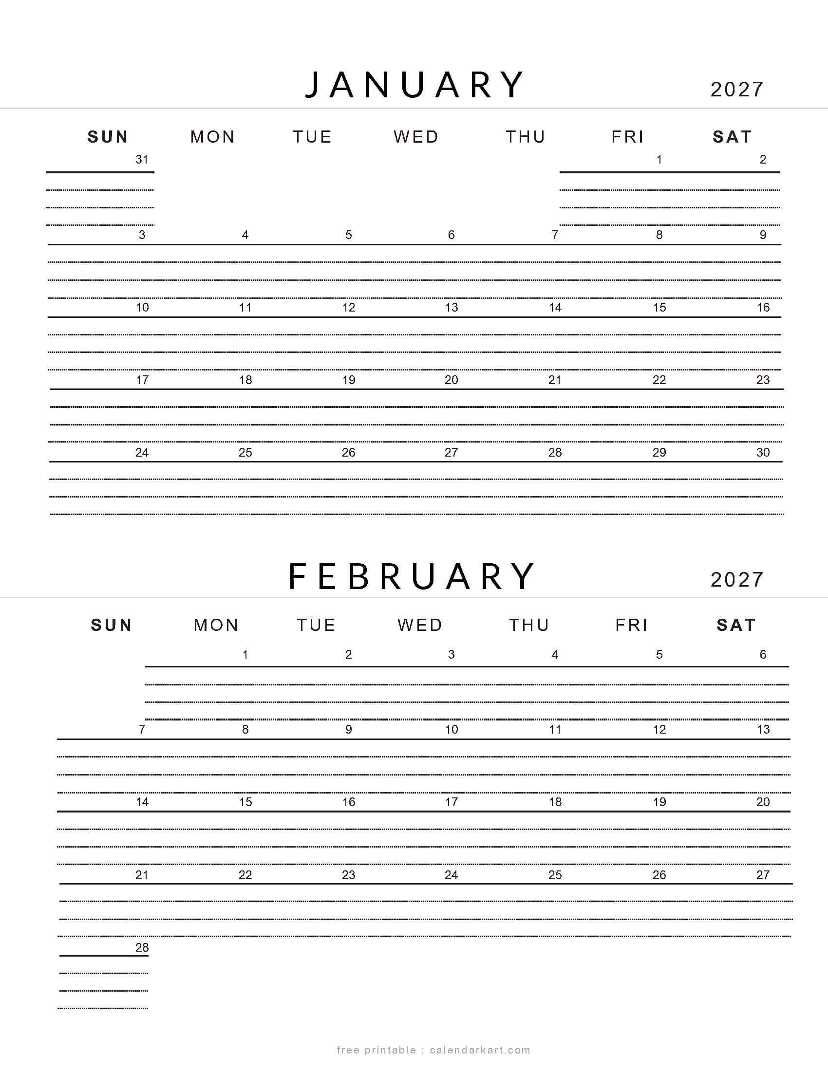January February 2027 Lined Calendar