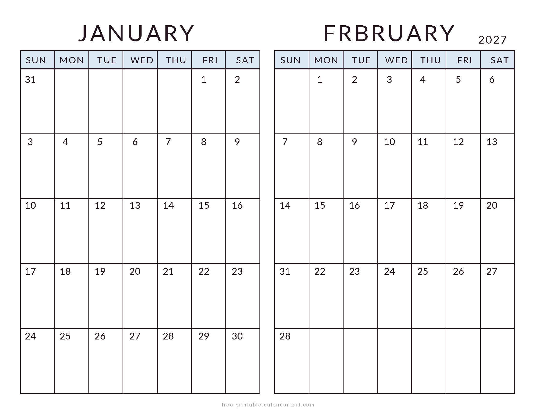 January February 2027 Minimal Calendar Soft Pastel