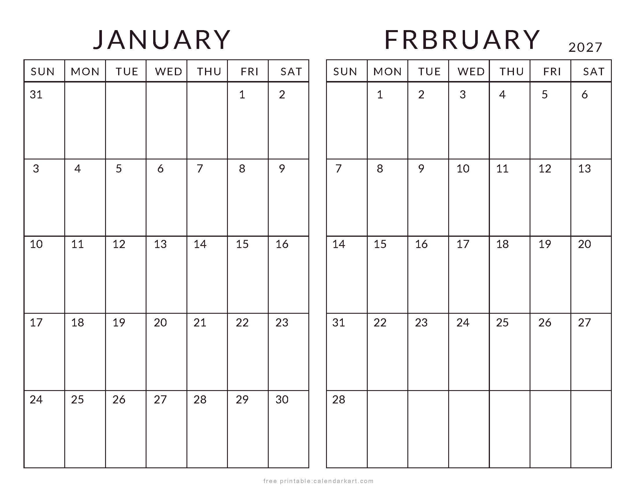 January February 2027 Minimal Calendar