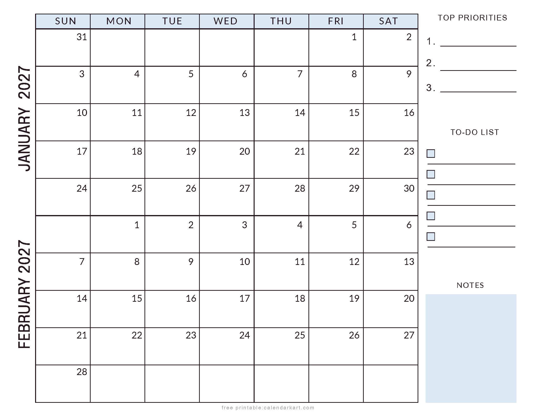 January February 2027 Planner Style Calendar Soft Pastel