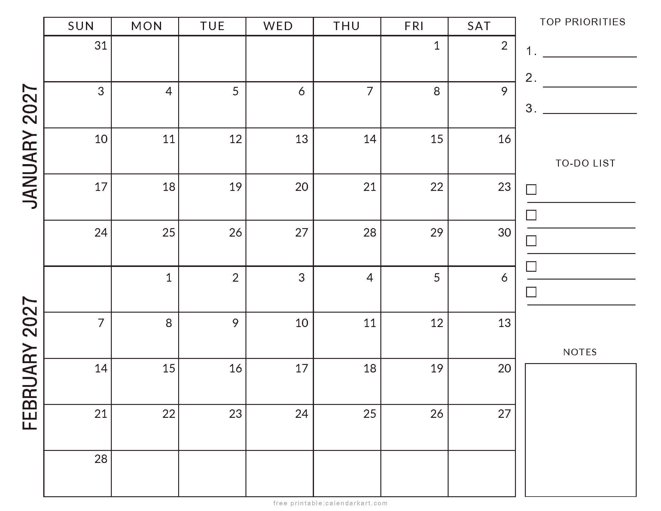 January February 2027 Planner Style Calendar