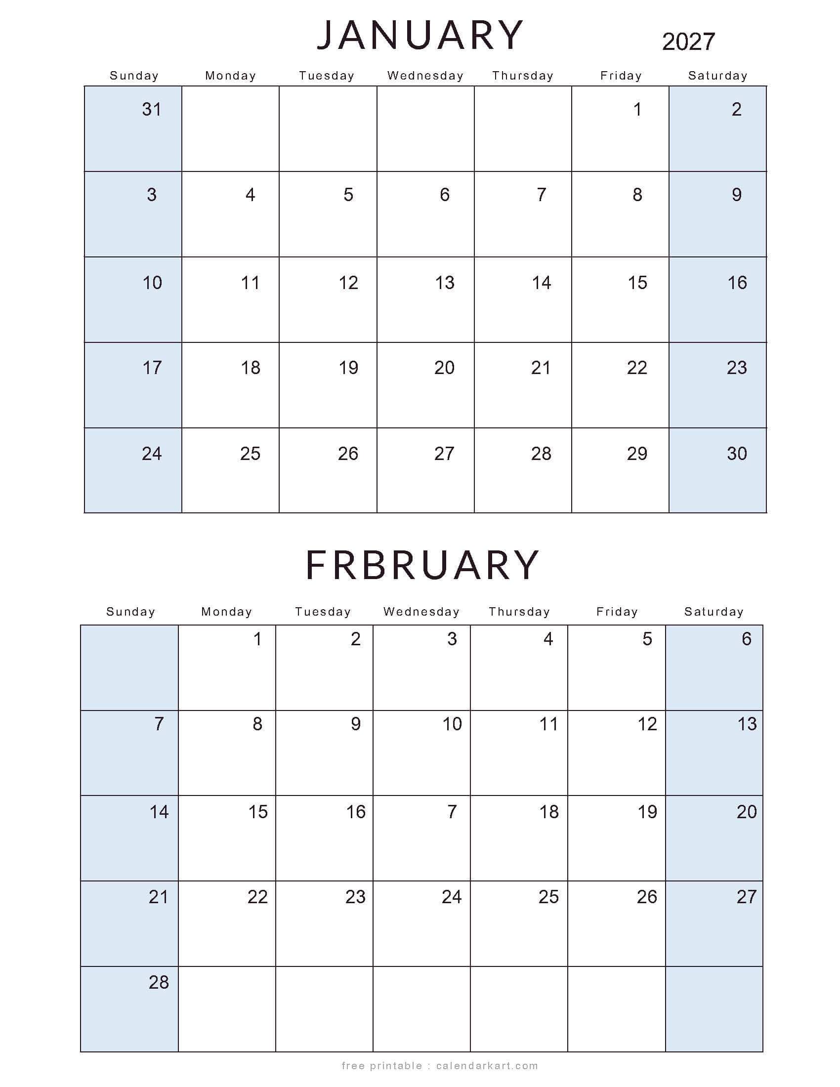 January February 2027 Standard Calendar Soft Pastel