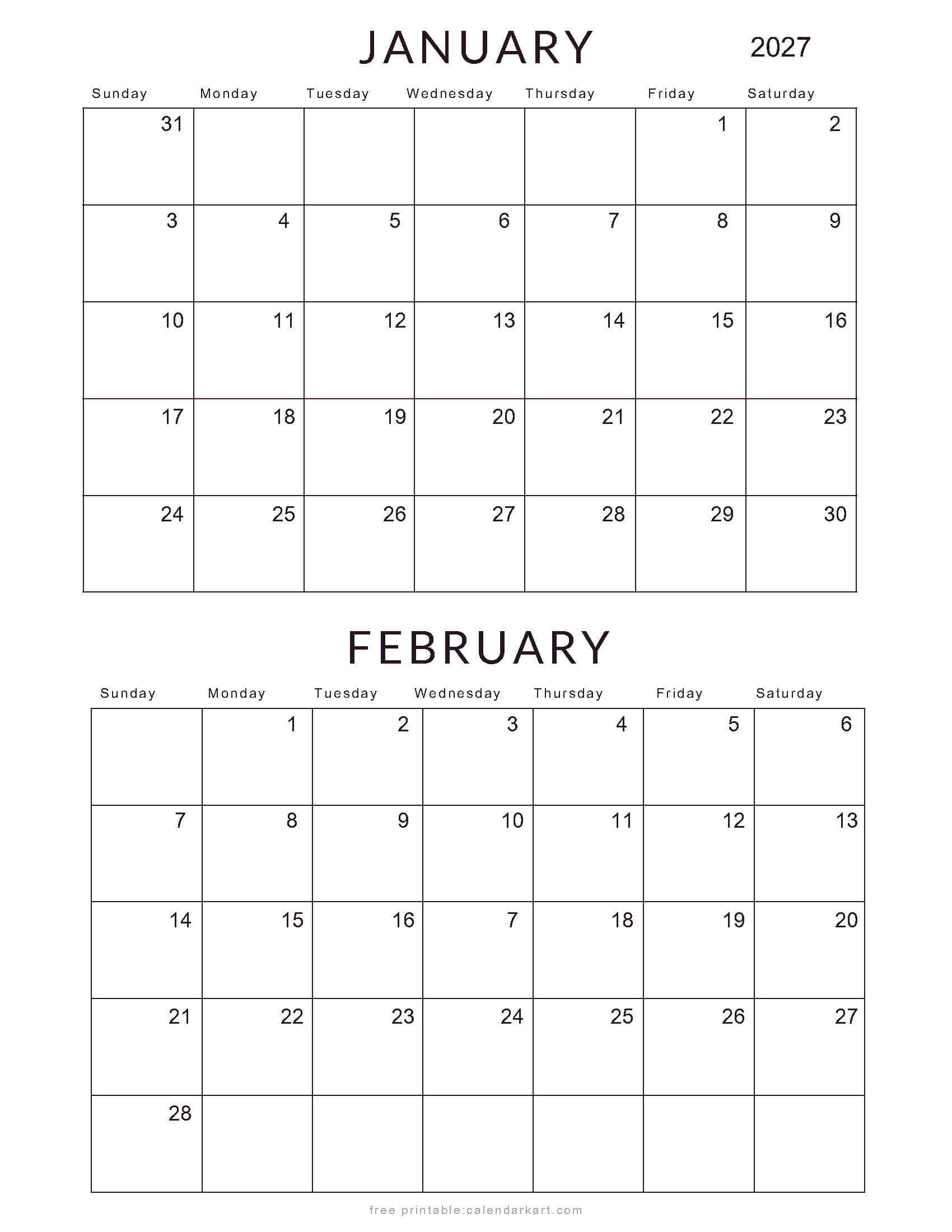 January February 2027 Standard Calendar