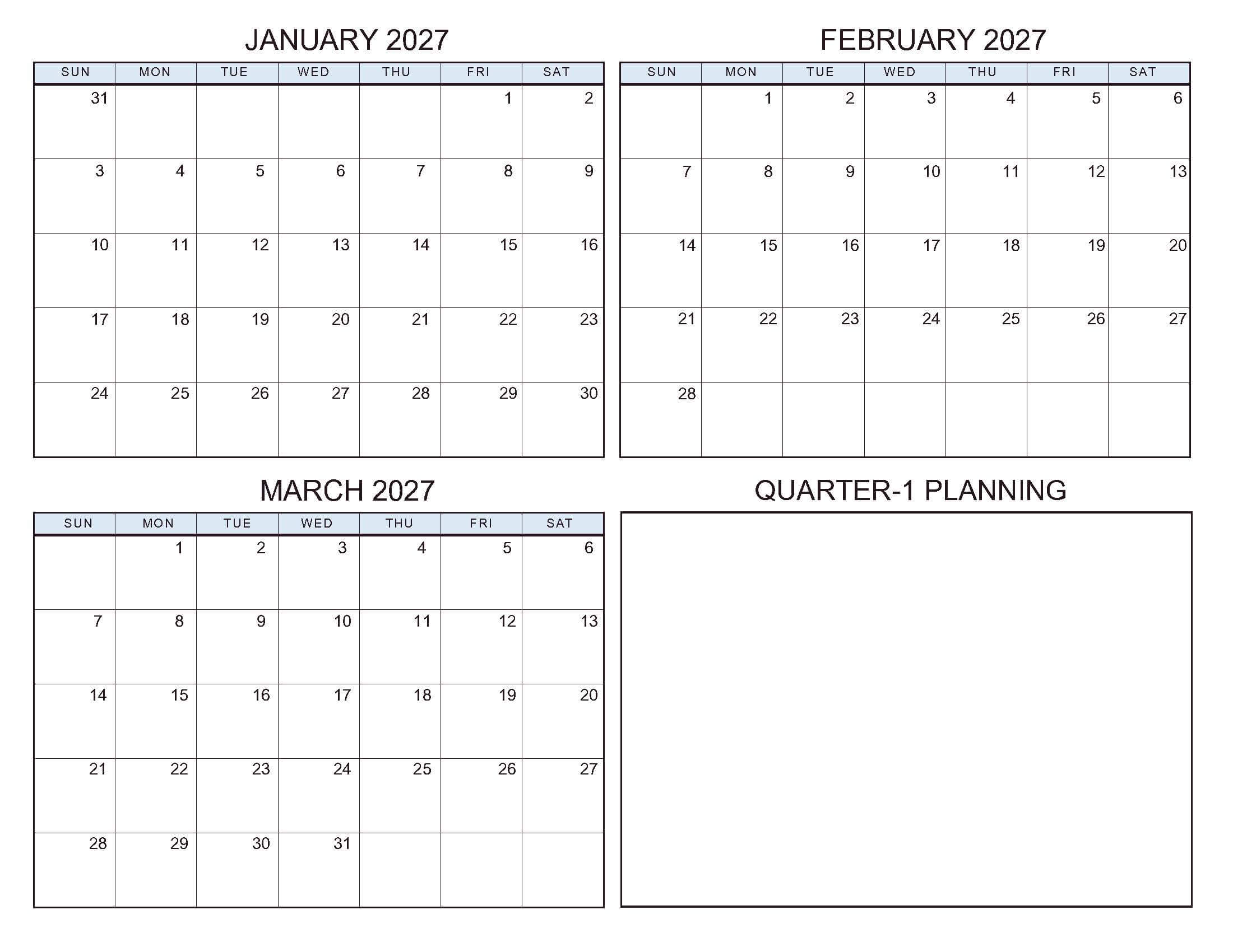 January-march 2027 Calendars Standard Soft Pastel
