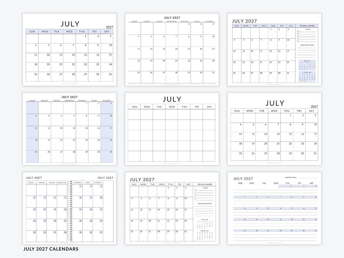 July Calendar Templates - Free Printable PDFs