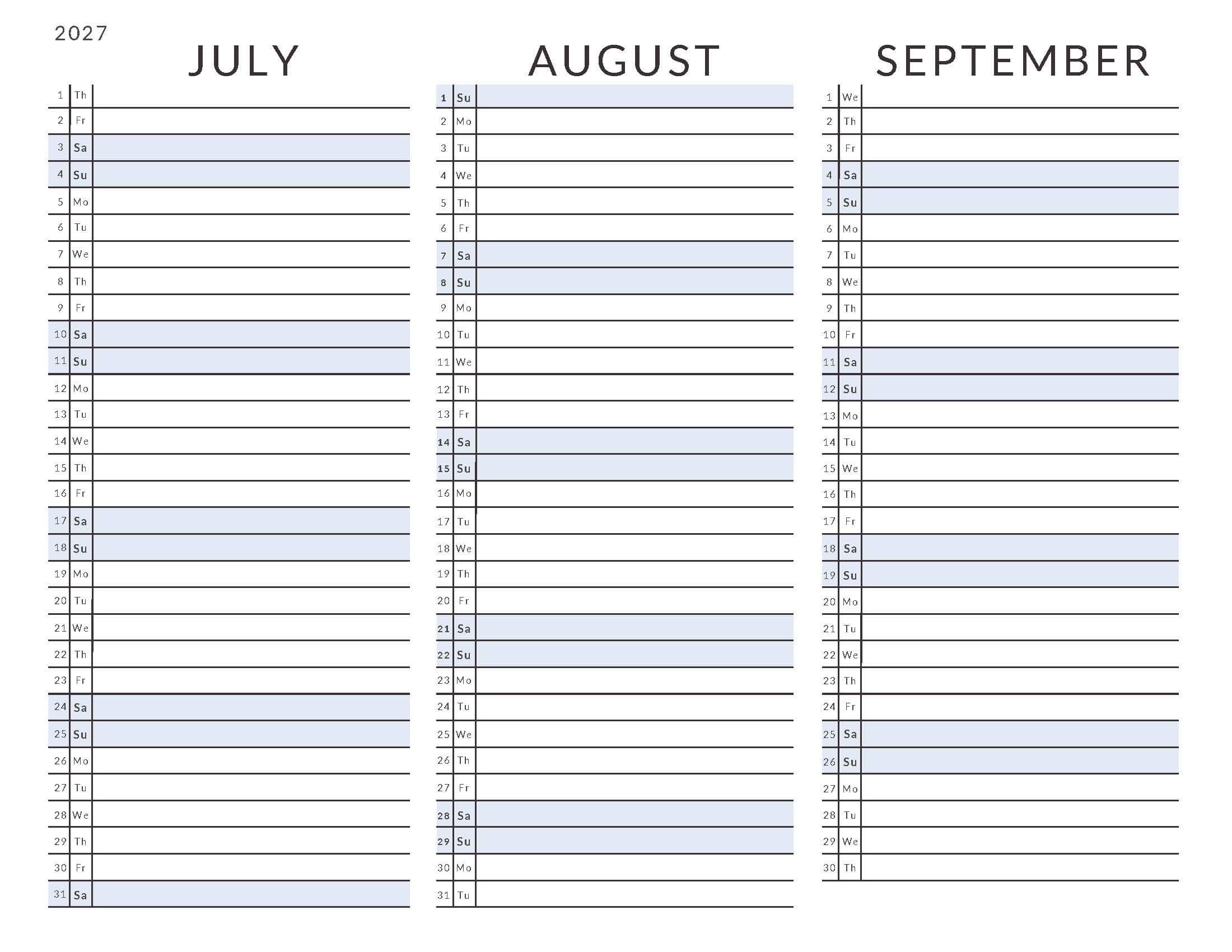 July-September 2027 Calendars List View Soft Pastel