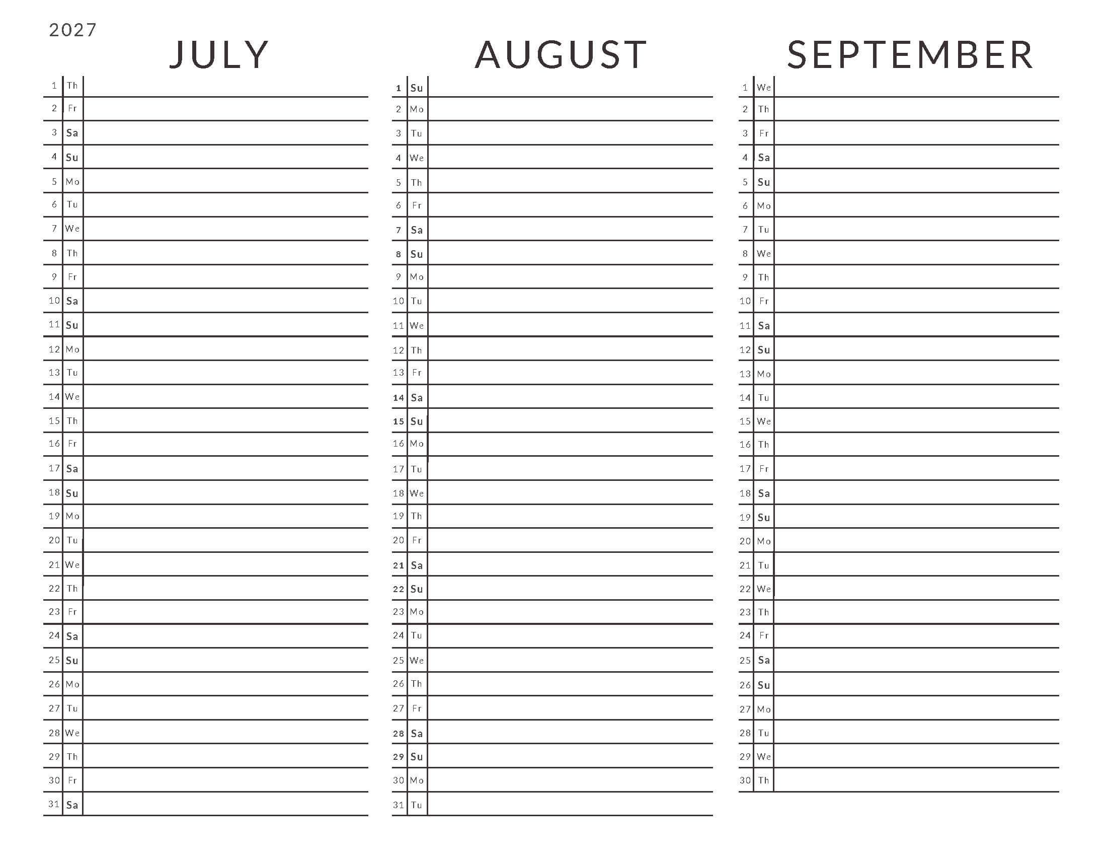 July-September 2027 Calendars List View