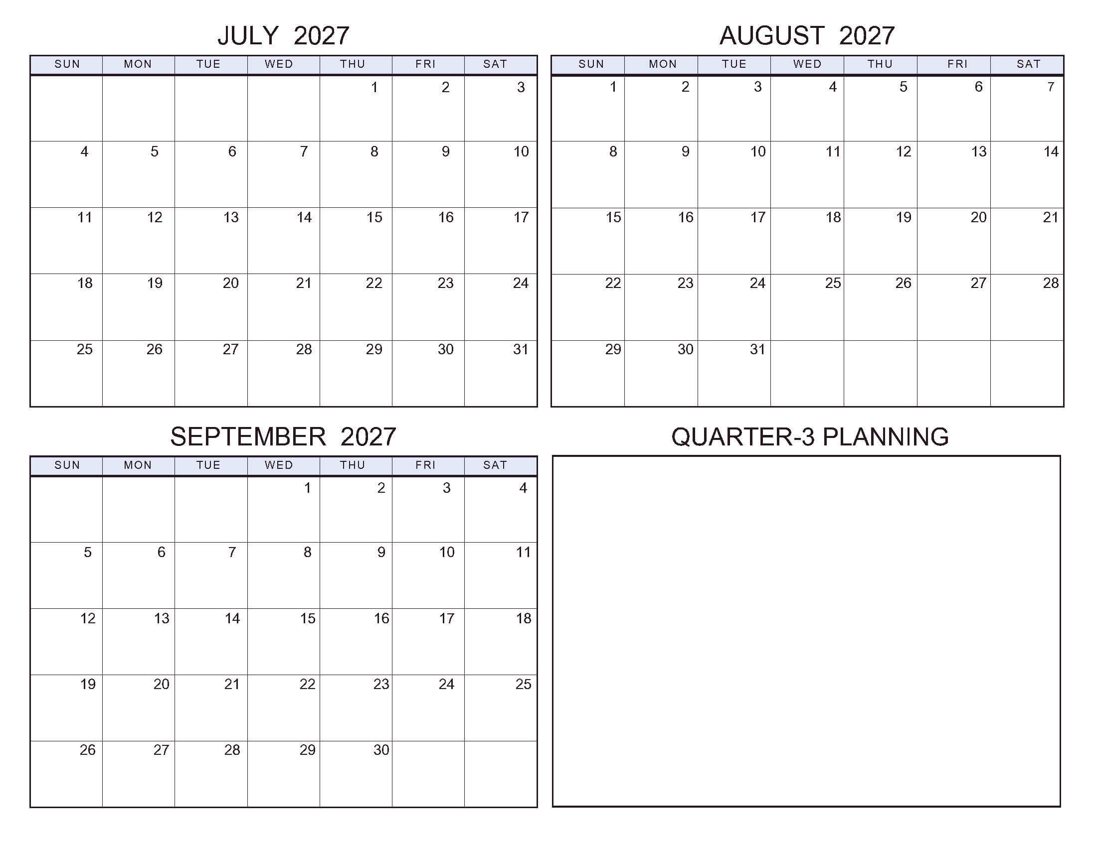 July-September 2027 Calendars Standard Soft Pastel