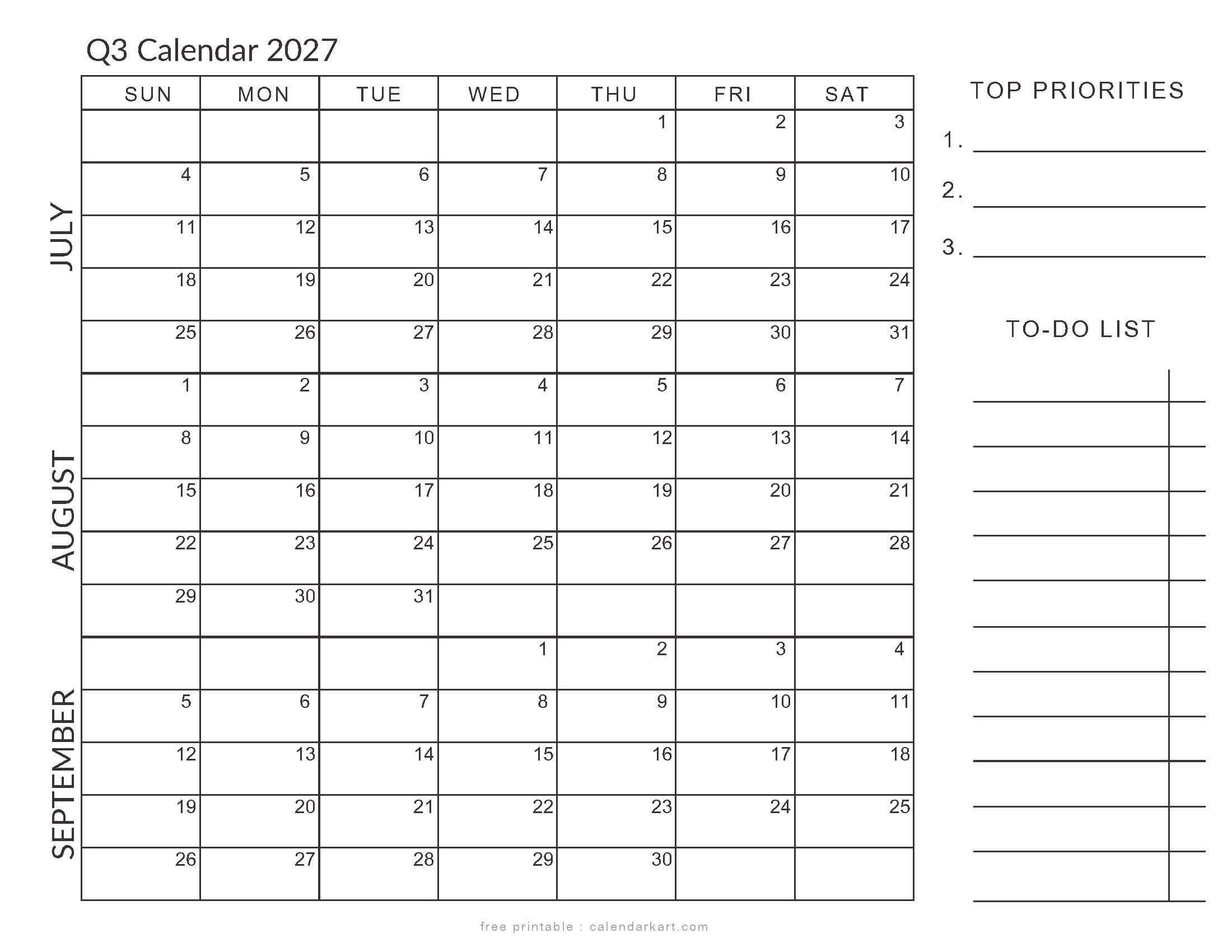 July-September 2027 Q-3 With To Do List