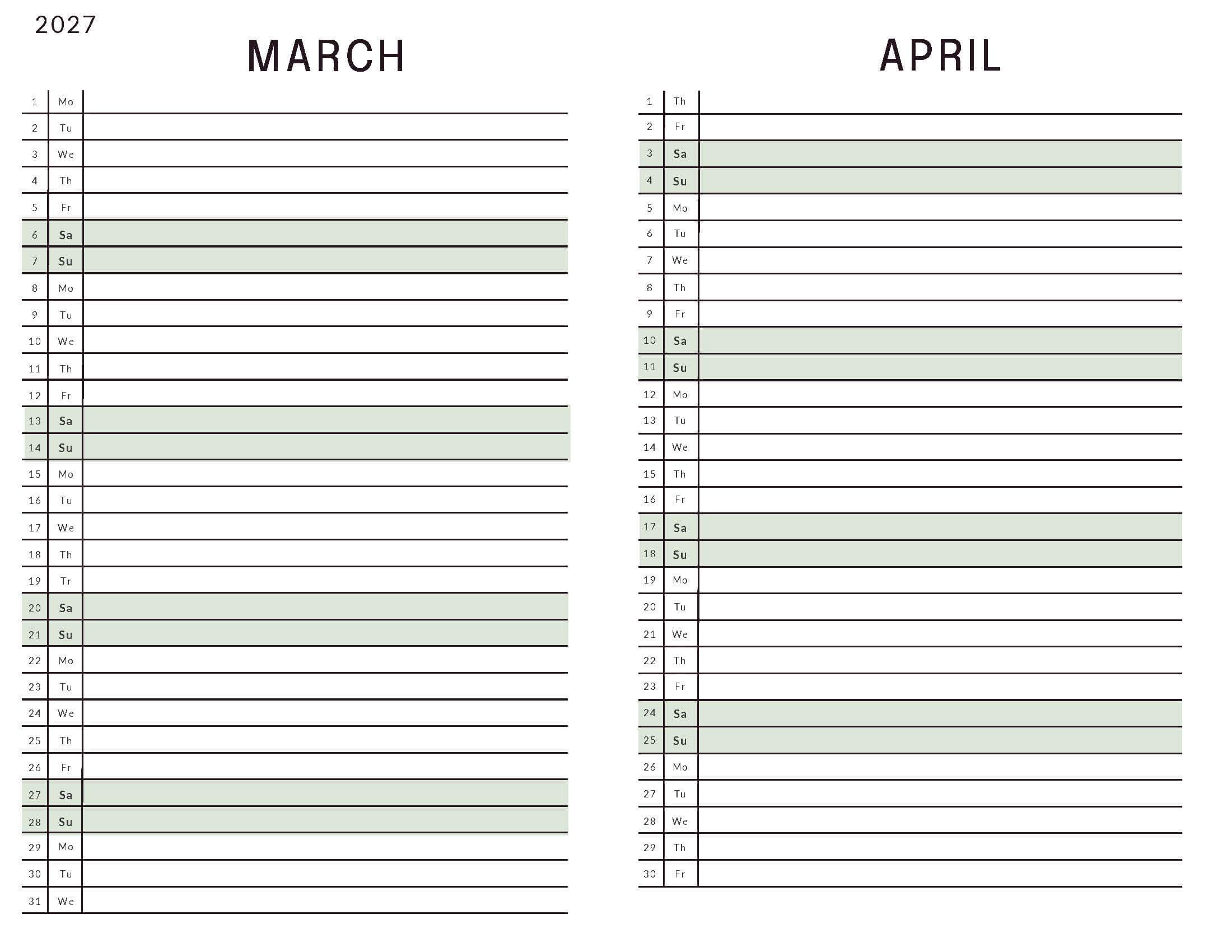 March April 2027 Calendar List View Soft Pastel