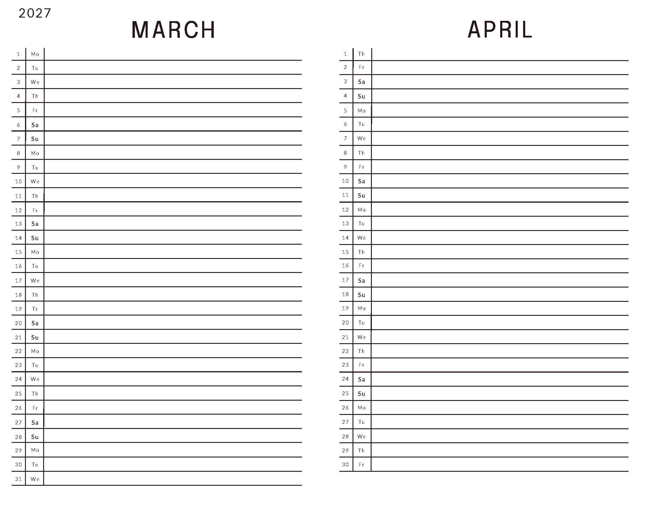 March April 2027 Calendar List View