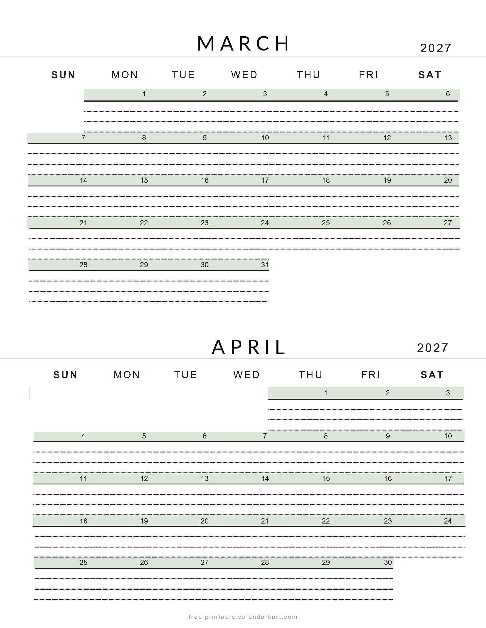 March April 2027 Lined Calendar Soft Pastel