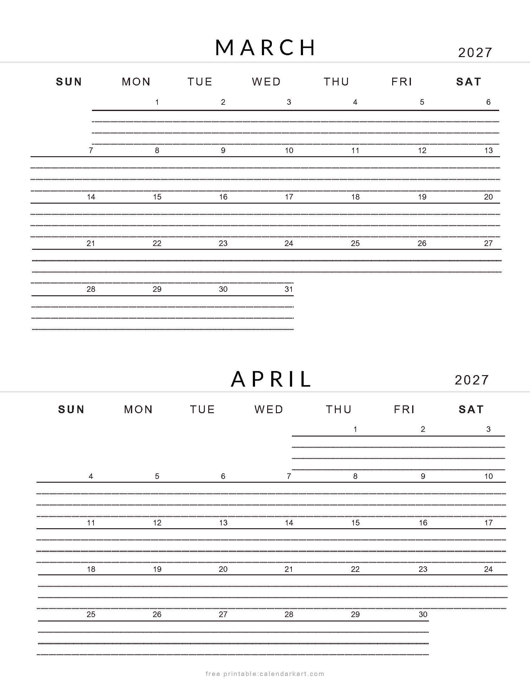 March April 2027 Lined Calendar