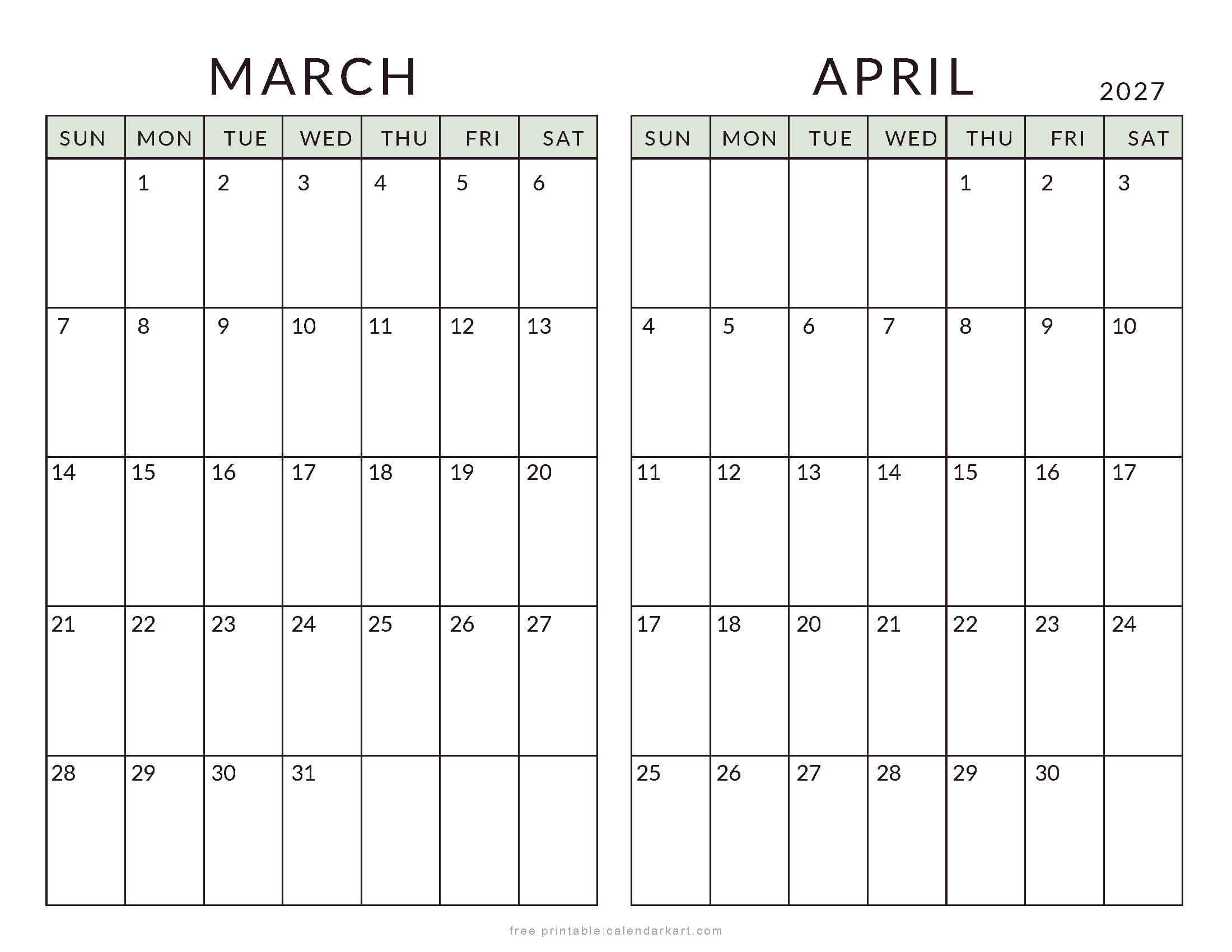 March April 2027 Minimal Calendar Soft Pastel