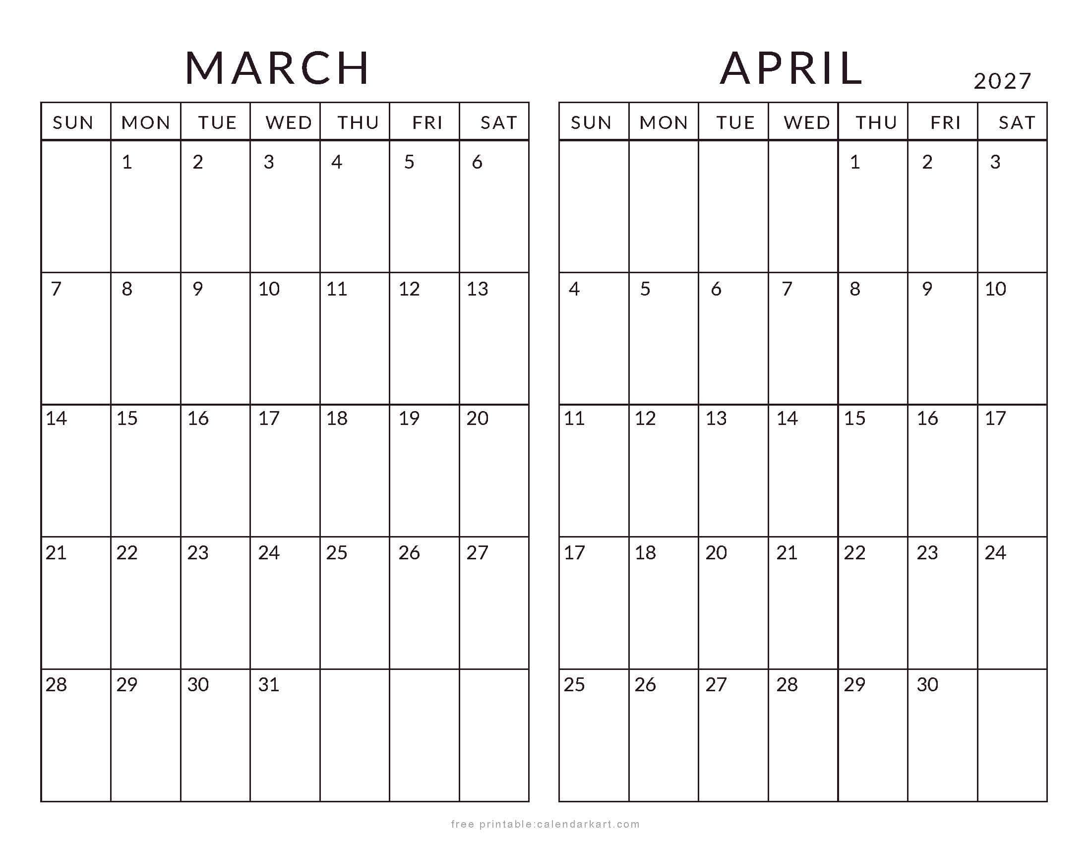 March April 2027 Minimal Calendar