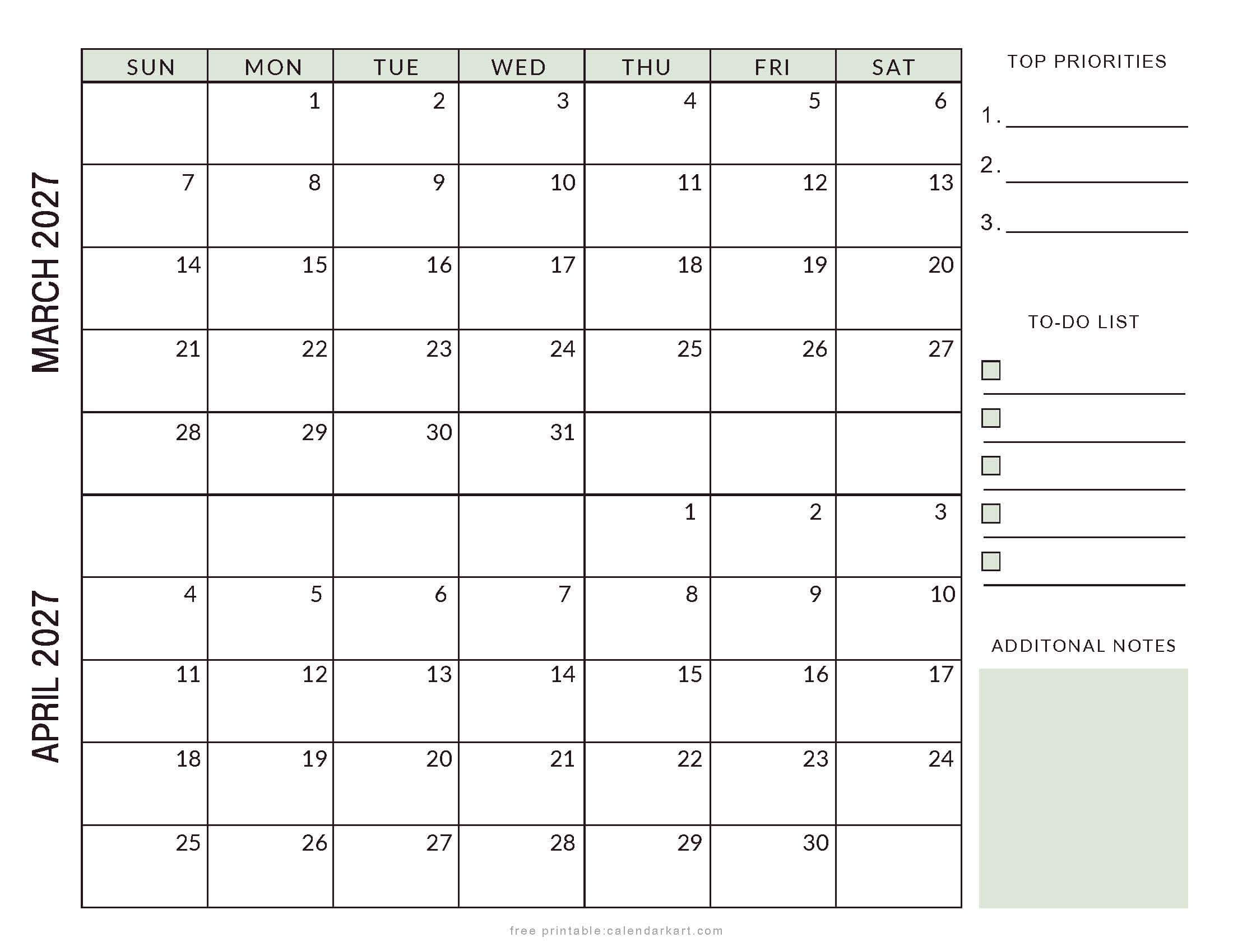 March April 2027 Planner Style Calendar Soft Pastel
